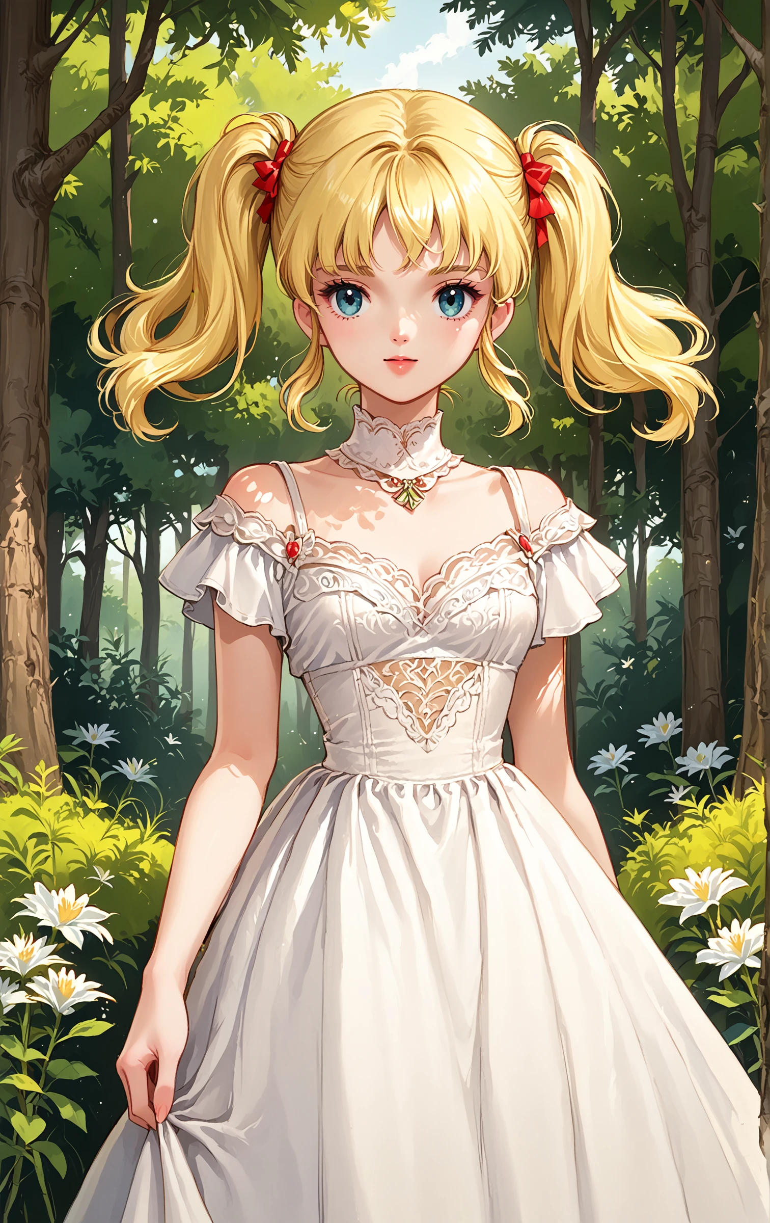 score_9, score_8_up, score_7_up, source_anime,girl,, white dress, fine lace, blonde pigtails, forest, flowers, trees