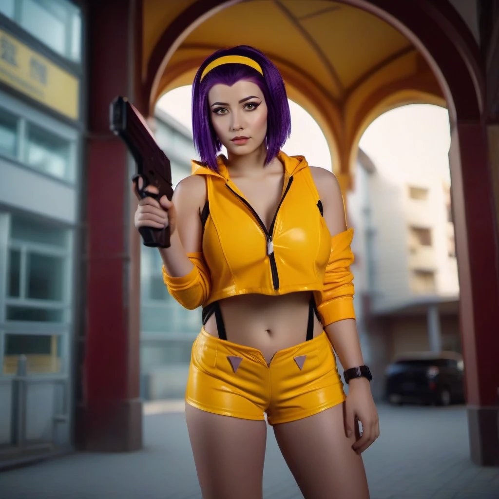 cinematic photo full body portrait of 1girl, yellow hairband, hoodie, makeup, purplehair, short hair, yellow shorts, breast, cleavage, holding gun  <lora:Faye1024v2:0.8> . 35mm photograph, film, bokeh, professional, 4k, highly detailed