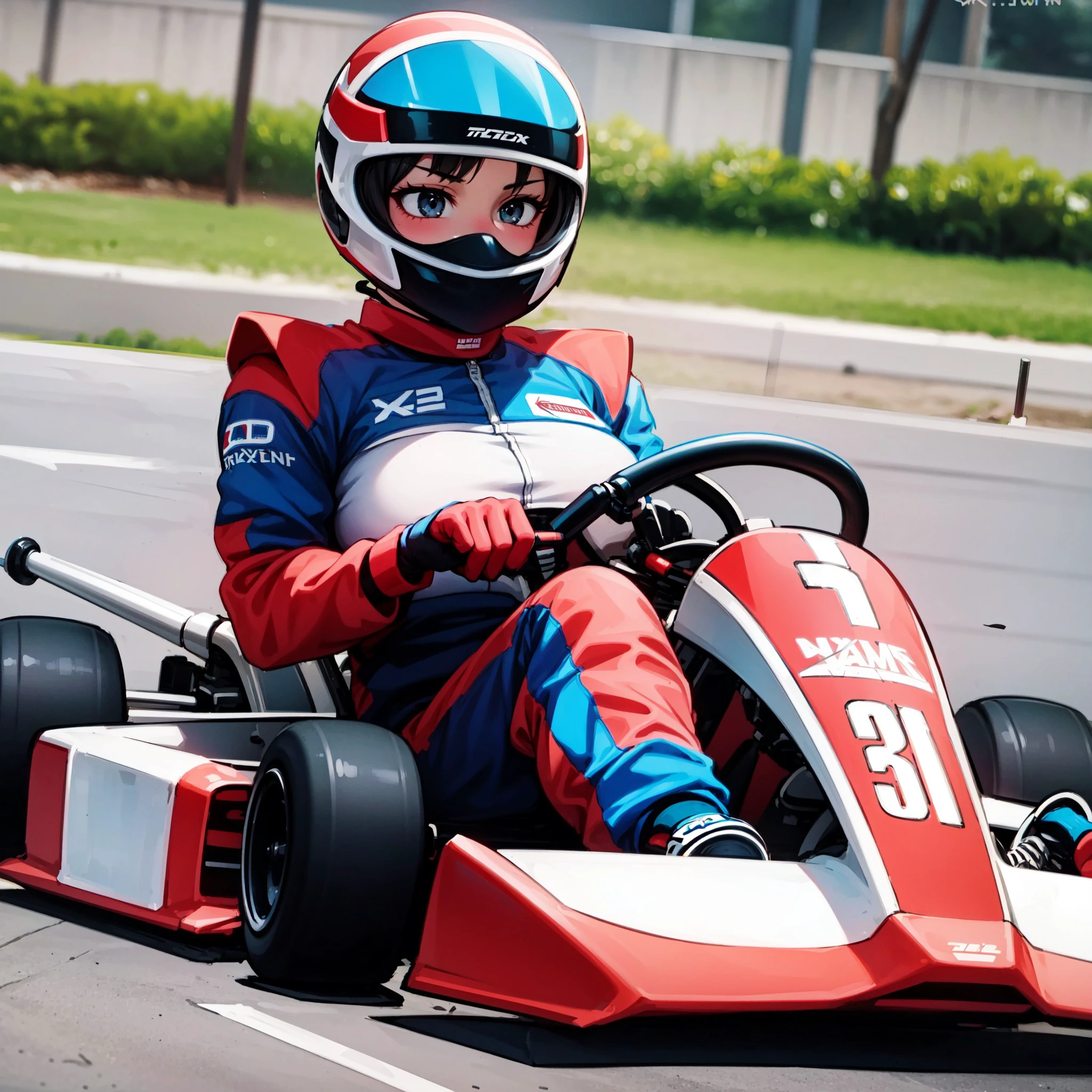 1girl, kart, go-kart, (driving:1.3), in a racing circuit, [sitting, full body], helmet, gloves, sneakers, steering wheel, racing suit, 
(large breasts), face covered, , <lora:35884420-bad0-4685-a88f-1f22ef61575e:0.7>