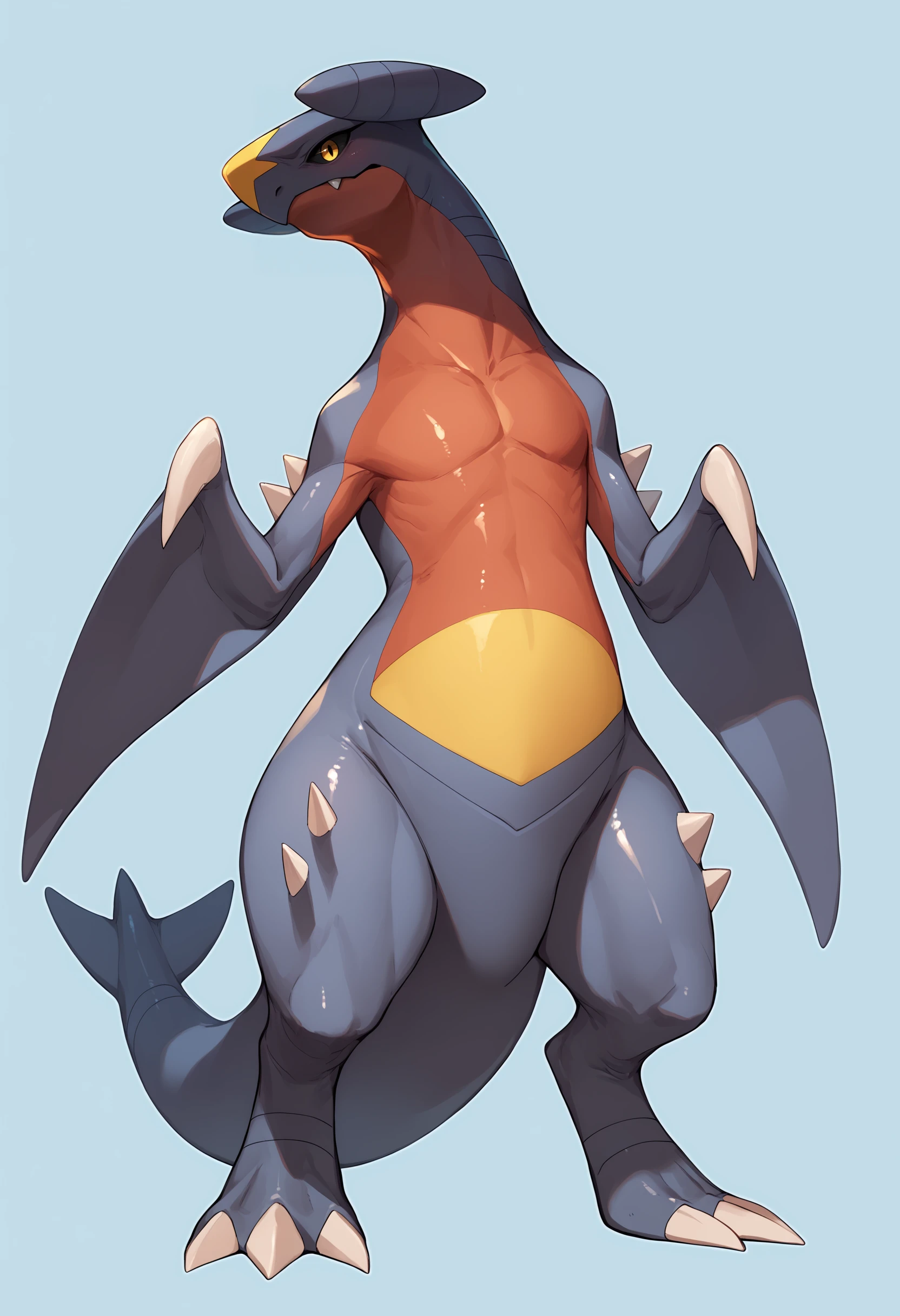 score_9, score_8_up, score_7_up, score_6_up, score_5_up, score_4_up, 1other, <lora:GarchompF:0.85> solo, furry, furry female, pokemon creature, colored sclera, black sclera, yellow eyes, colored skin, tail, claws, shiny skin, feral, full body, standing, front view,
(light blue background), simple background,
