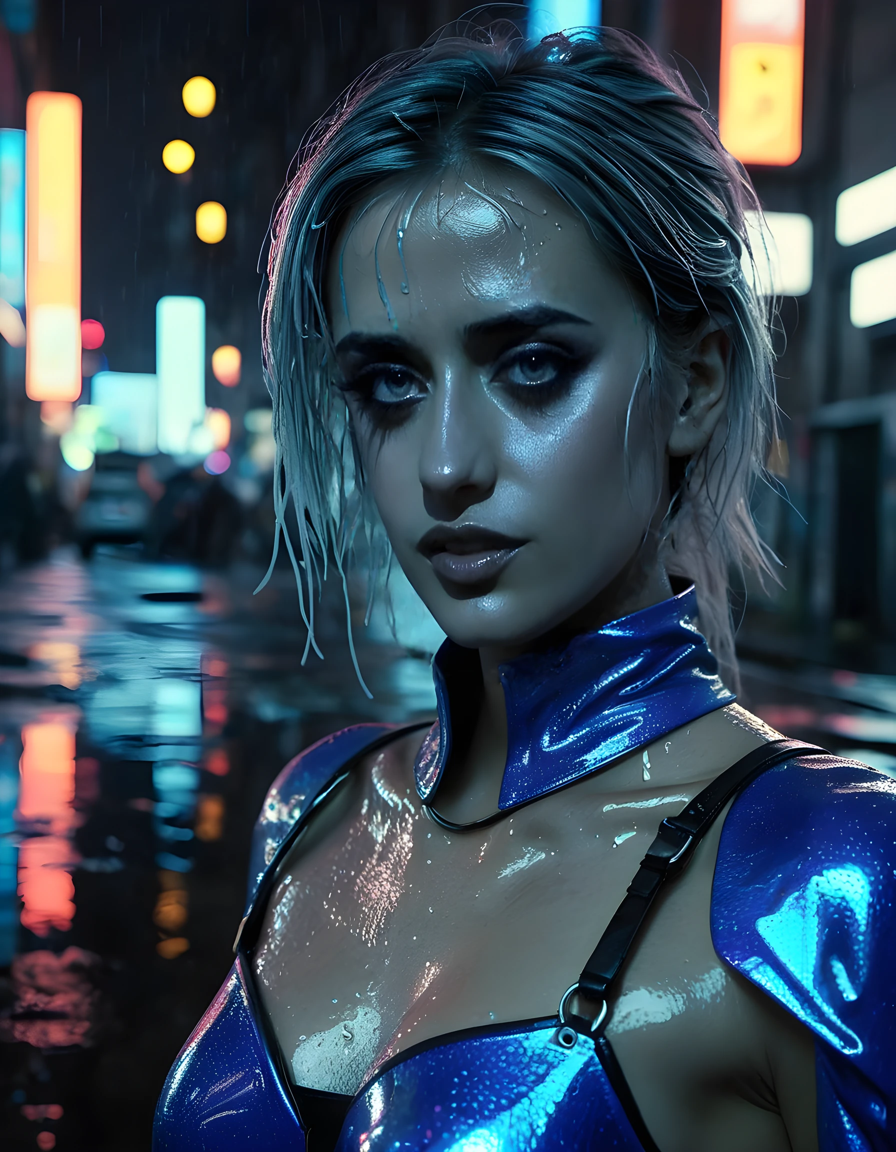 In a dimly lit, futuristic cyberpunk cityscape, bathed in neon-blue and pulsating hues, C4M1LL4, a striking woman with a shimmering, iridescent outfit that blends organic forms with mechanical elements, stands defiantly against the grungy backdrop. Her eyes glowing like twin embers, she gazes directly into the lens, her expression a blend of confidence and rebellion, as if daring the world to challenge her authority in this high-contrast, dramatic close-up shot. A rain-soaked street stretches behind her, reflecting her image in broken puddles, adding an ethereal quality to the otherwise harsh surroundings.