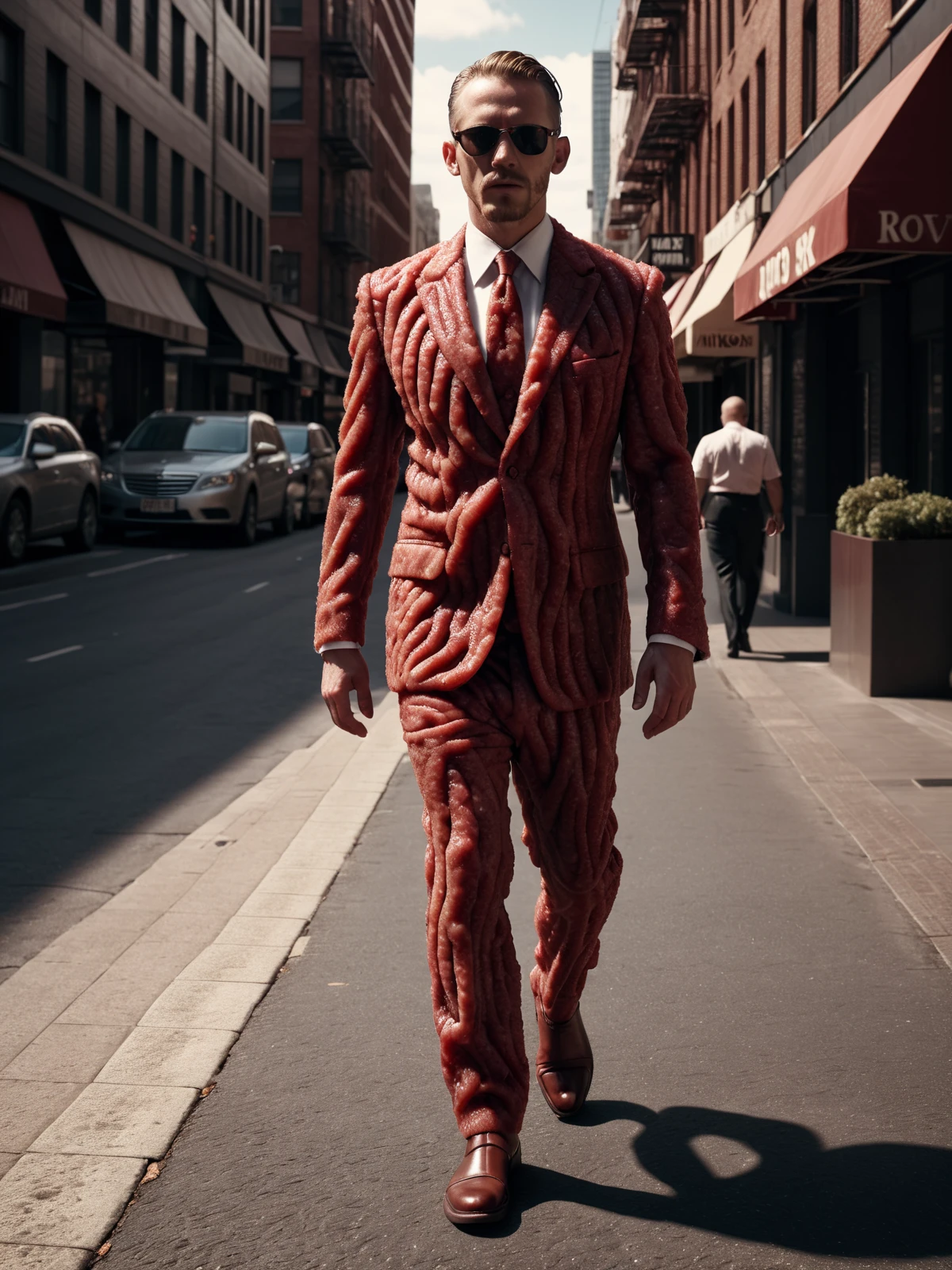 man wearing mad-mince dress suit walking through a city, meat <lora:Alles_wird_aus_Hack_gemacht_SDXL:0.6>, raw photo, film grain, (photorealistic, realistic:1.2), deep shadow,  8k, uhd, dslr, ultra high res