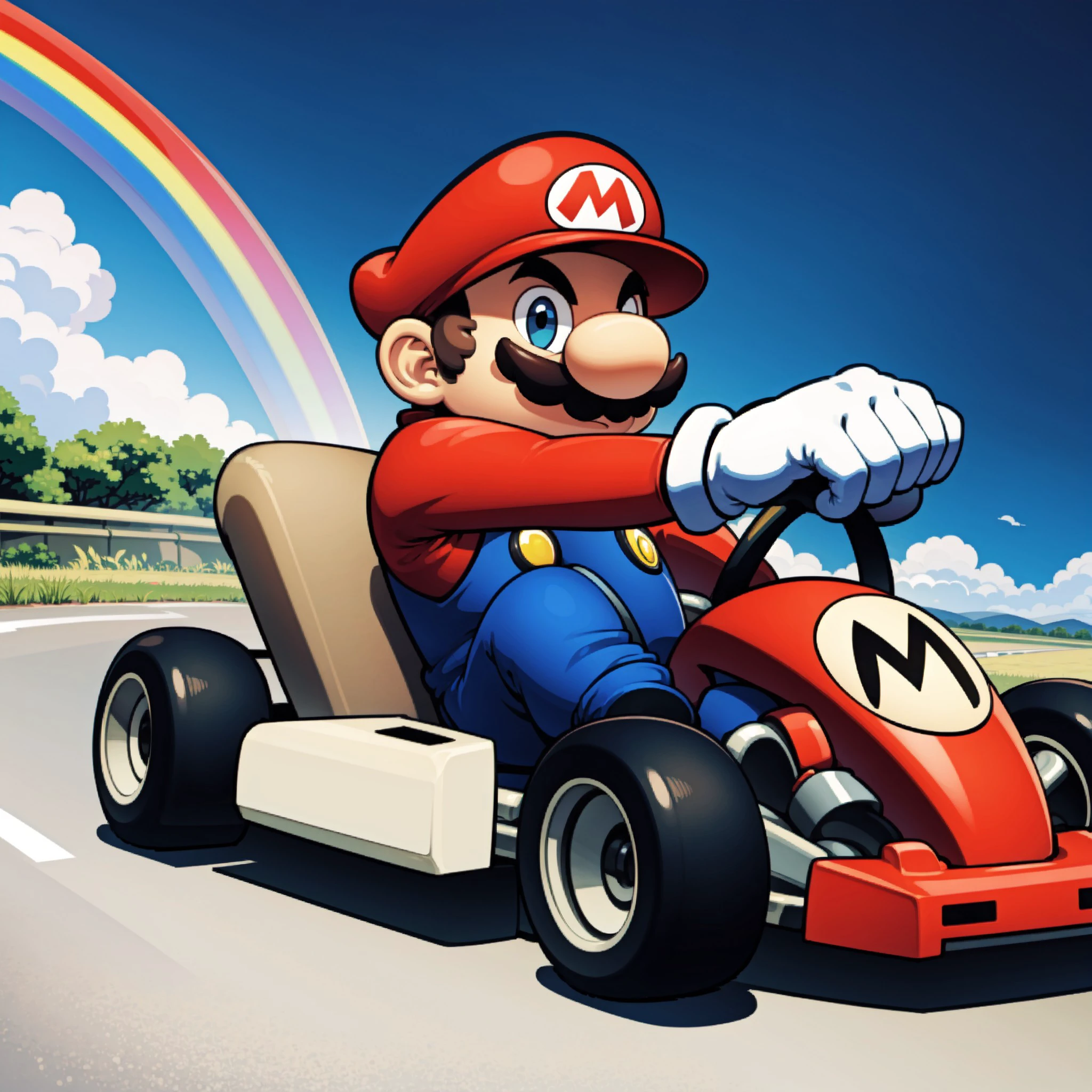 (red kart), go-kart, (driving), (rainbow colored road), [sitting, full body], gloves, shoes, (steering wheel), 
1boy, mario, mustache, , <lora:35884420-bad0-4685-a88f-1f22ef61575e:0.6>, <lora:copaxsupermariov:0.6>