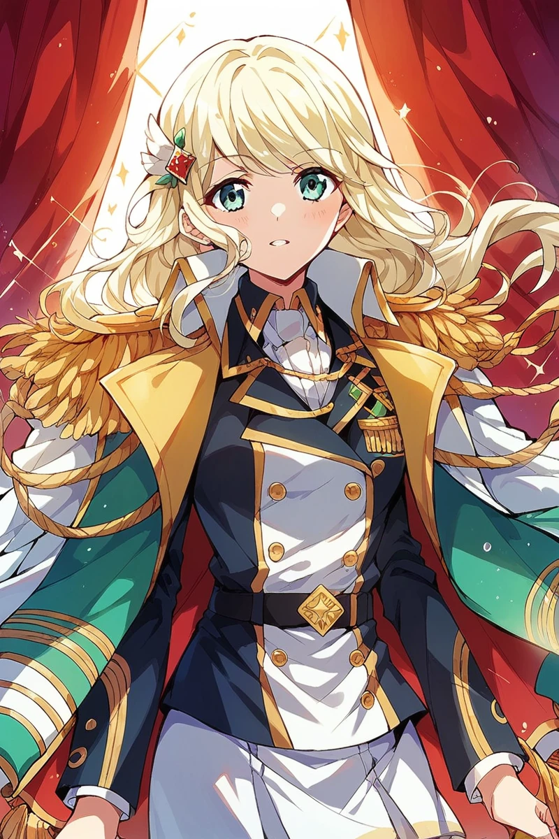 score_9, score_8_up, score_7_up, score_6_up, 1girl,
 <lora:Shiori_Yumeoji:0.9> shiori, blonde hair, jacket on shoulders, epaulettes, hair ornament, jacket, stage outfit, color lights, red curtain,