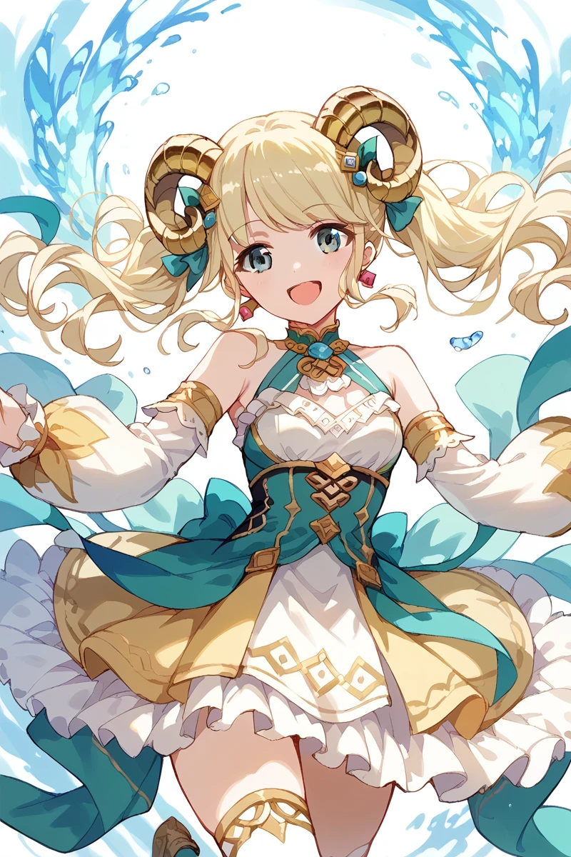 score_9, score_8_up, score_7_up, score_6_up, 1girl,
 <lora:Shiori_Yumeoji:0.9> shiori, blonde hair, solo, ram horns, golden horns, twintails, thighhighs, open mouth, solo, smile, dress, detached sleeves, jewelry, hair ornament, earrings