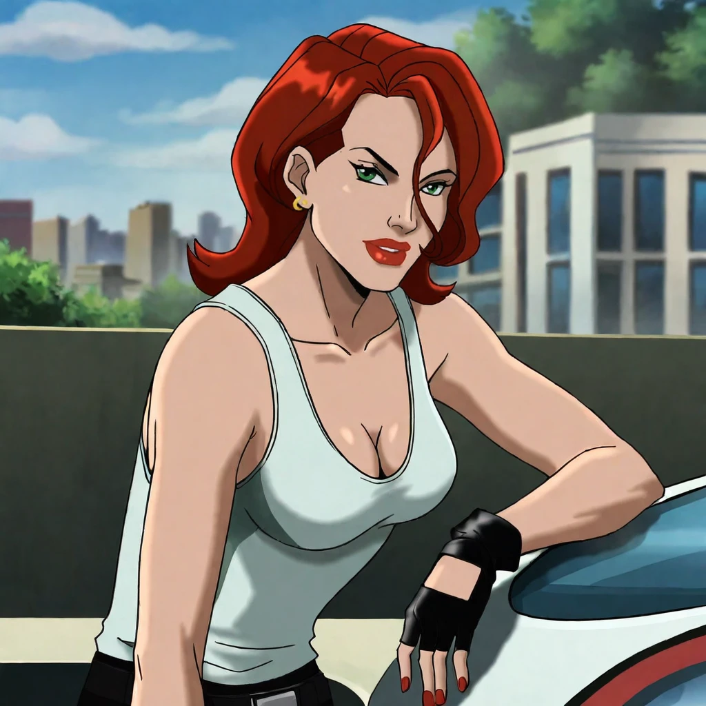 <lora:blackwidowultimateavengers_pony_v1:.7> natashaultimateavengers, 1girl, medium breasts, green eyes, cleavage, fingerless gloves, red hair, earrings, tank top, jewelry, pants, lipstick, lips