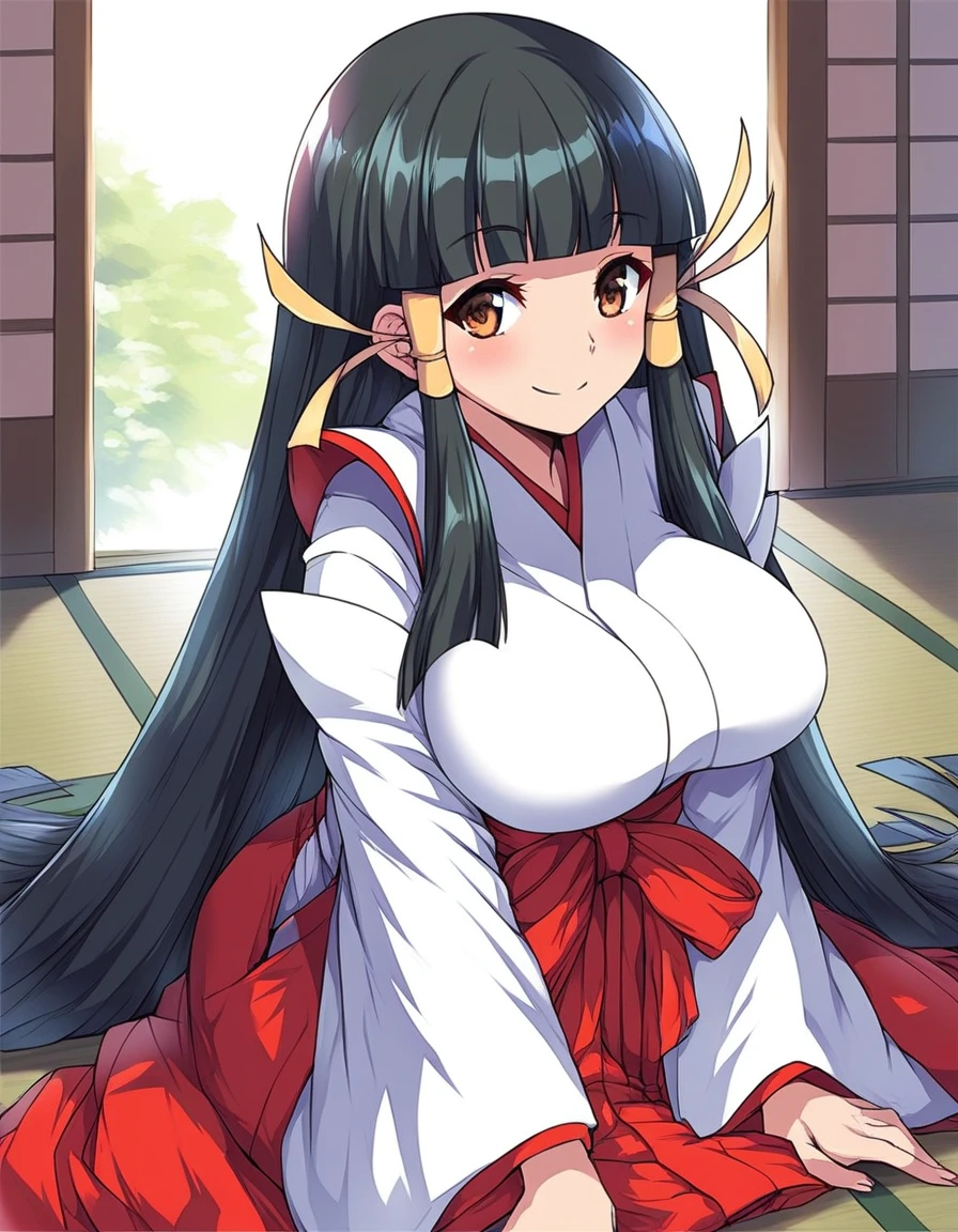 score_9, score_8_up, score_7_up, source_anime, rating_explicit, BREAK  <lora:Kasuga_Maori_XL:1> KasugaMaori, very long hair, black hair, large breasts, hair ribbon, brown eyes, hair tubes, bangs,  hime cut,
miko, japanese clothes,red hakama, skirt, hakama skirt,  smile, blush, sitting,
Japanese room, tatami,