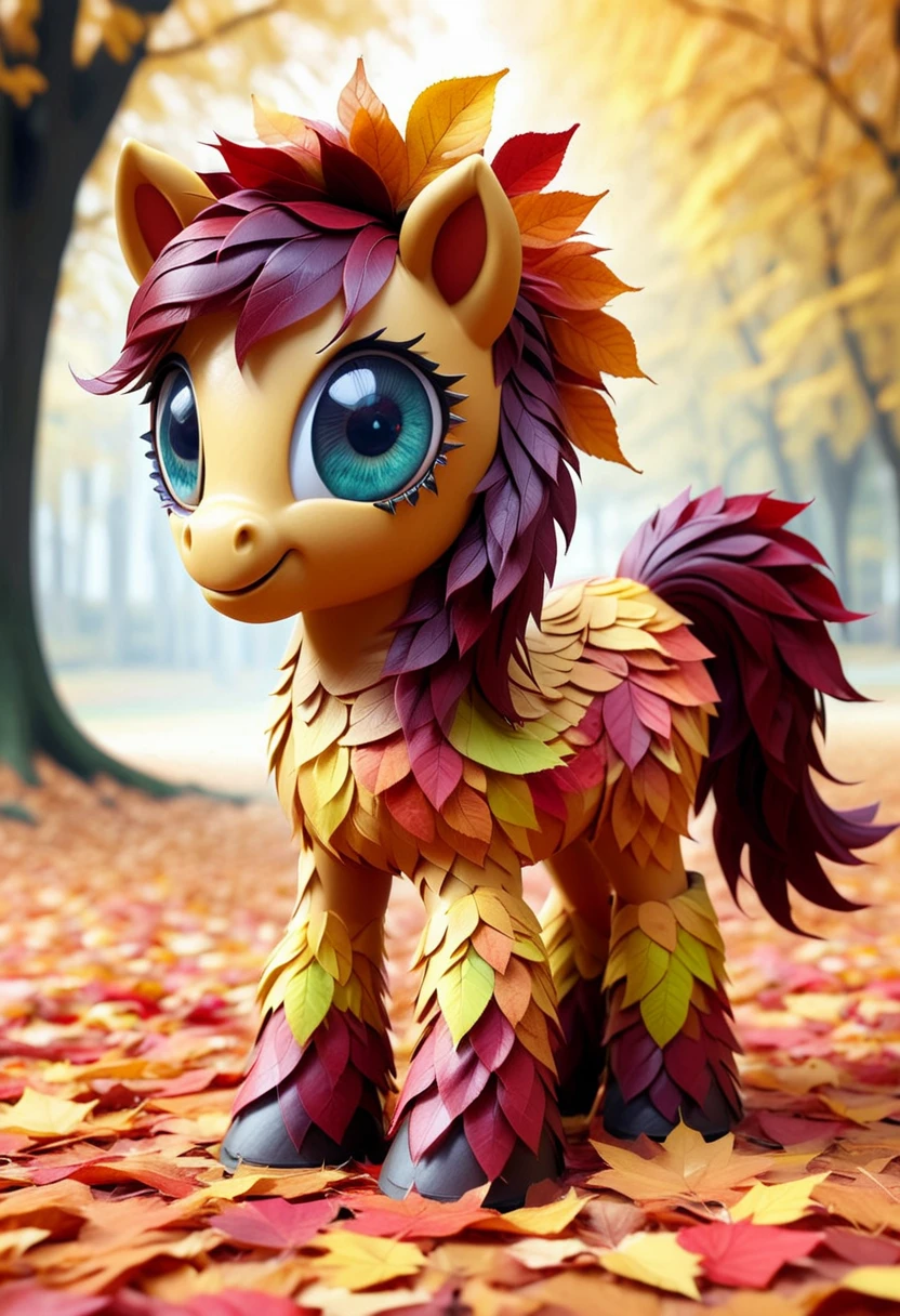 4UTUMNL34V3S, a cute pony is made of autumn leaves, detailed face, (big eyes:0.9), detailed eyes, (smile:1.1), long eye lashes ,Masterpiece,best quality, raw photo, realistic, very aesthetic