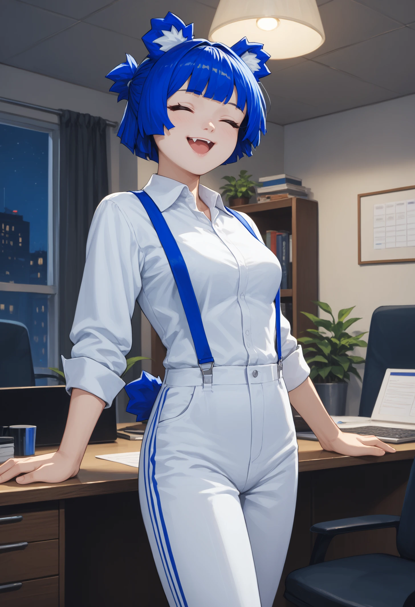 score_9, score_8_up, score_7_up, 1girl, GrisVert, animal ears, bear tail, closed eyes, blue hair, short hair, medium breasts, toned, fang,
White dress shirt, collared shirt, blue suspenders, white pants, formal, formal suit,
looking at viewer, open mouth, smile, happy, suspenders pull, 
indoors, office, dark, night,
<lora:Gris-VertigrisPDXL_V1-Manityro-CAME:1.0>,