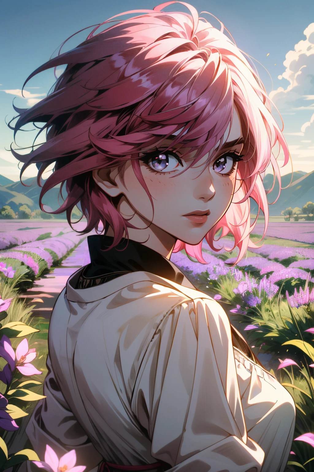 ((ultra detailed, masterpiece, absurdres))
<lora:ALVi:0.8>
ALVi, 1girl, pink hair, short hair, looking at viewer, lavender field, midday, bright and vibrant with a sea of purple blooms