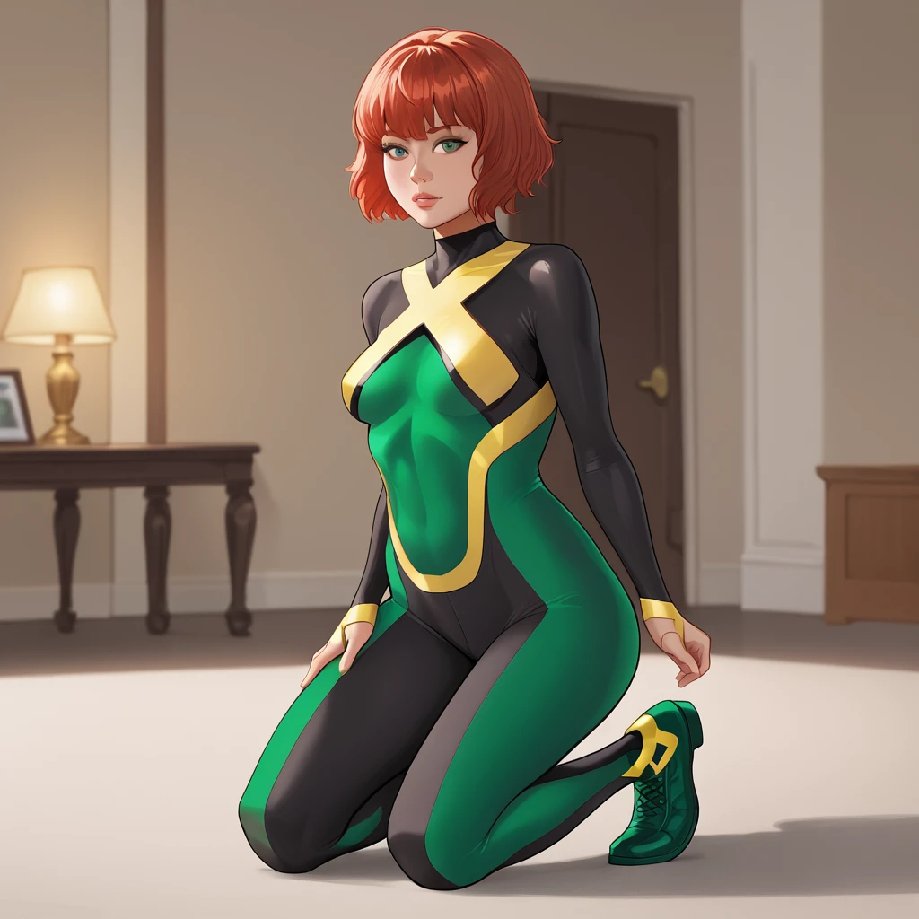 <lora:jeangreymarvelnow_pony_v1:1>jeangreymarvelnow, 1girl, short hair, green bodysuit, green footwear, medium breasts, bangs, red hair, black bodysuit