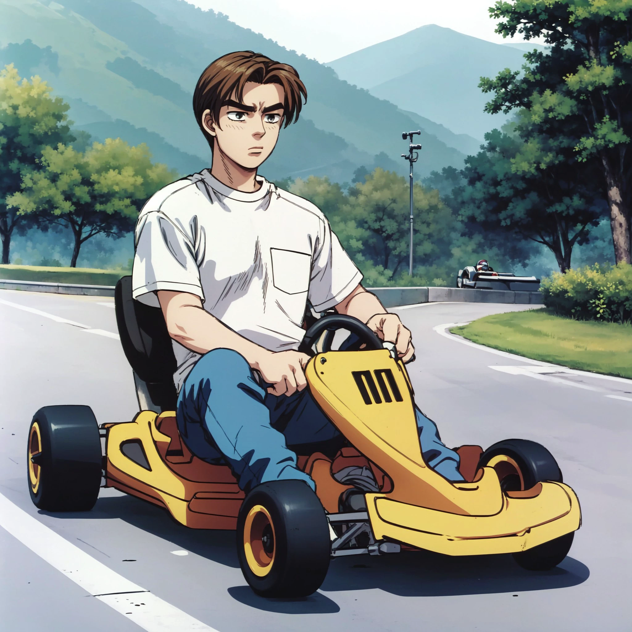 1boy, (kart, go-kart:1.3), in a japanese mountain road, sitting, brown hair, serious face, 
(driving:1.3), [full body], white t-shirt, denim pants, sneakers, takumi_fujiwara, , <lora:a75961b3-7c0b-45c0-a387-a4febca6c2e4:0.4>, <lora:35884420-bad0-4685-a88f-1f22ef61575e:0.7>, <lora:first_stage10:0.7>