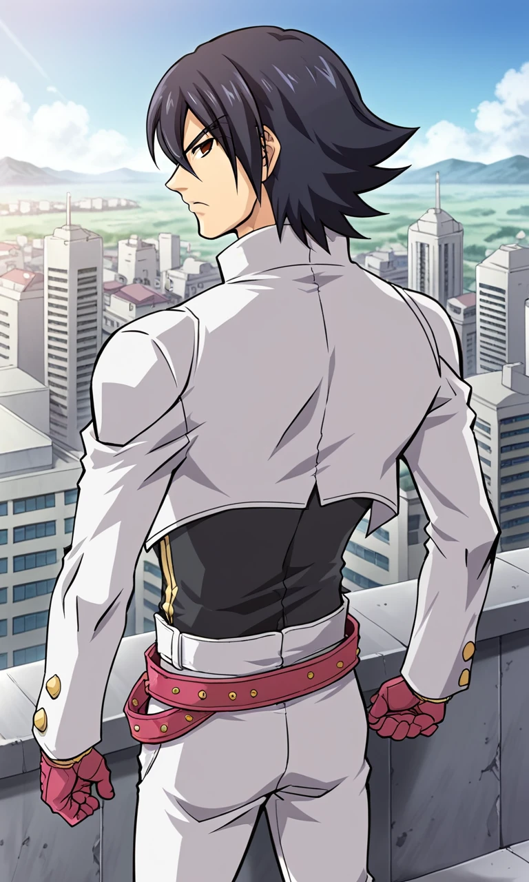 1boy, solo, zanmarouga, short hair, red eyes, white jacket, black shirt, pink gloves, white pants, belt, standing, outdoors, rooftop, cityscape, from back, serious, looking at viewer,