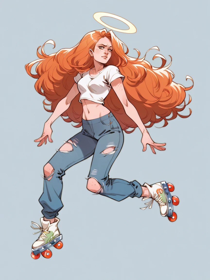 score_9, score_8_up, score_7_up, score_6_up, score_5_up,  <lora:m4rgXLP:0.8> m4rg, 1girl, long hair, halo, torn pants, roller skates, freckles, navel,