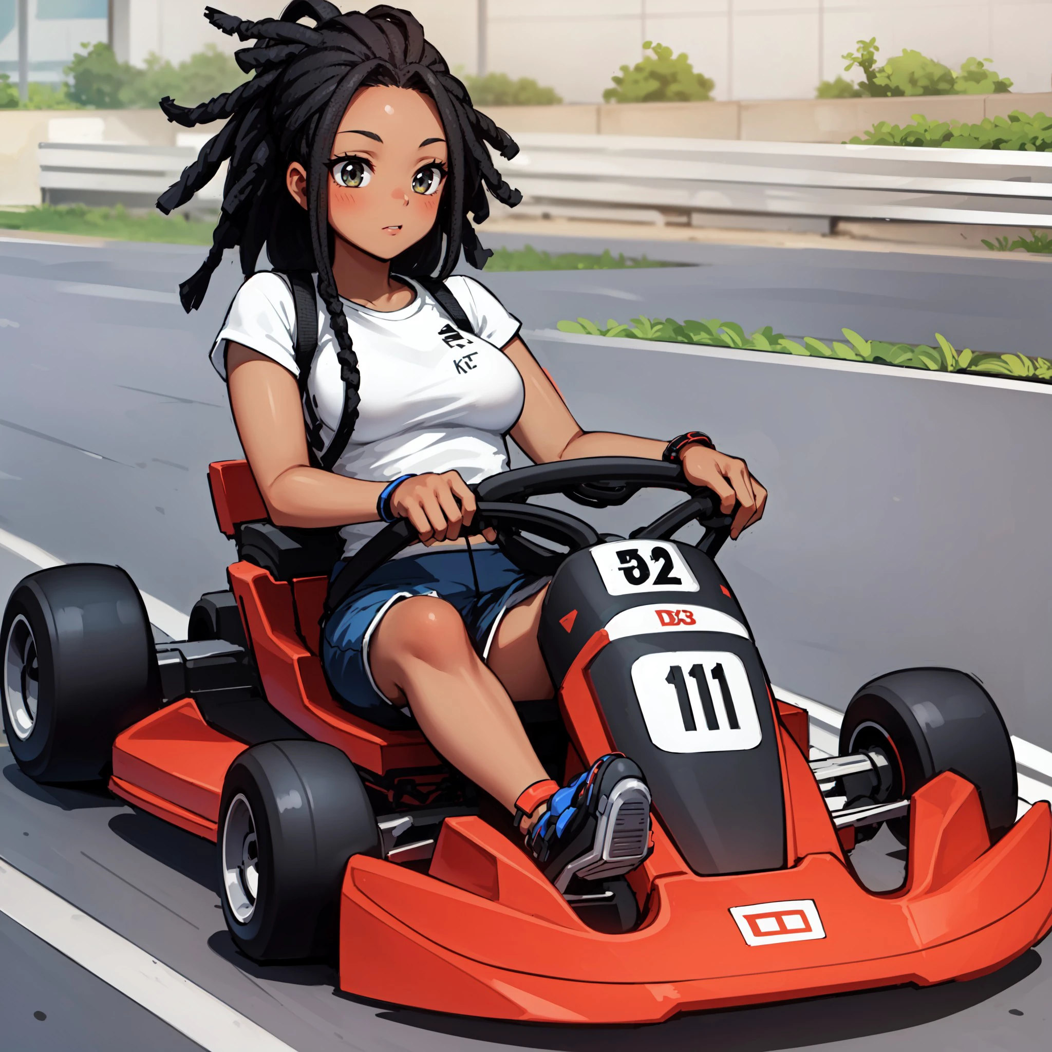 1girl, (kart, go-kart:1.2), in a racing circuit, (driving:1.3), sitting, black hair, 
[medium breasts], [full body], (dark skin), (ebony girl), (dreads_hairstyle:1.2), [denim shorts, legs, sneakers], , <lora:44fc1c98-58fb-41d3-8a7c-7de3dbc0e3da:0.2>, <lora:35884420-bad0-4685-a88f-1f22ef61575e:0.7>