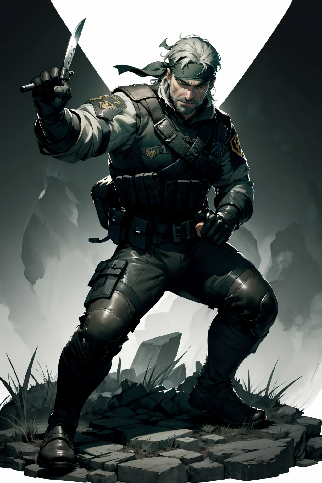 an accurate and detailed full body shot of an adult male character named The Basilisk, muscular and athletic build, Rugged, scarred face, strong jawline, stuble beard, Medium length unkempt hair, Silver hair color, (headband:1.4), green eyes, leather jacket with lightweight metal plates, (tactical vest with basilisk emblem:1.4), long sleeves, Fingerless gloves, Utility belt with pouches and holsters, Combat pants, reinforced knee pads, Heavy-duty combat boots, (holding combat knife:1.2), masterpiece, high quality, 4K, Big Boss, the punisher<lora:EMS-22877-EMS:0.600000>, <lora:EMS-287113-EMS:0.500000>, <lora:EMS-400153-EMS:0.400000>