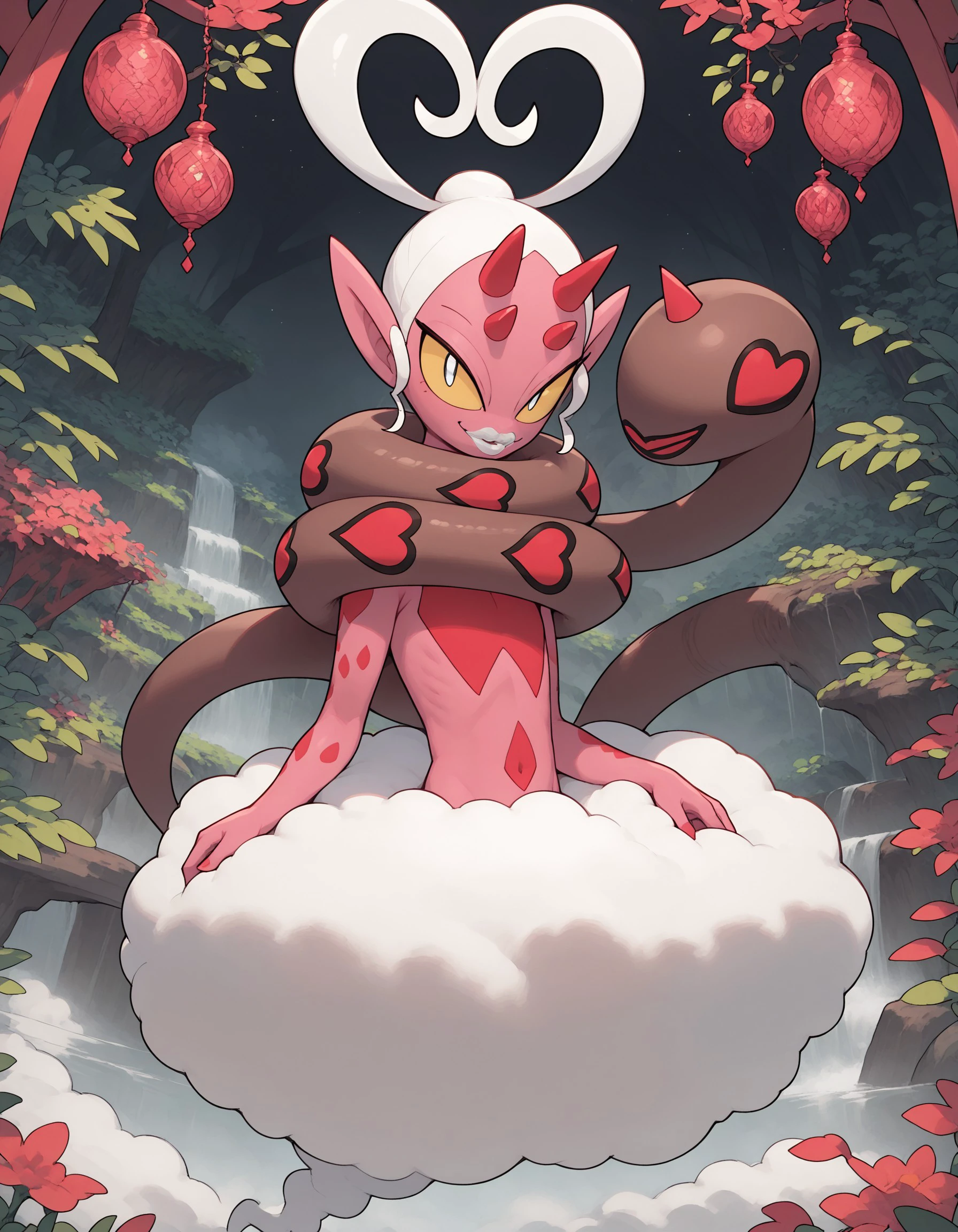 score_9, score_8_up, score_7_up, pokemon \(creature\), looking at viewer, smile, full body, hearts, red swamp setting, white hair, white lips, yellow sclera, horns, pink skin, red spots, brown tail, long tail, cloud
, Enamorus, <lora:cefaa866-a58e-40ba-a219-79ab392f7d60:1.0>, <lora:7ec47181-66fd-458d-94ca-dd9d4ce04993:0.8>, <lora:b3d4dbe1-c391-4afd-9f8f-ce43ea8adeae:0.8>