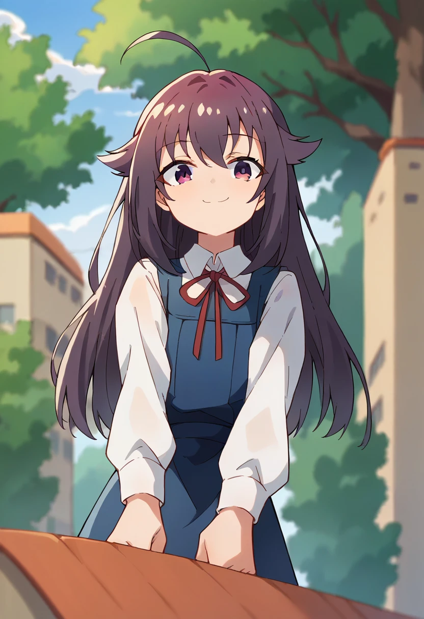 score_9, score_8_up, score_7_up, source_anime, masterpiece, 1girl, ct_ank0, pinafore dress,collared shirt, red ribbon, long sleeves, shiny skin,  smile, closed mouth, looking at viewer, outdoors, depth of field, city, from below,  <lora:Anko_Koshi_Pony_ct:1>