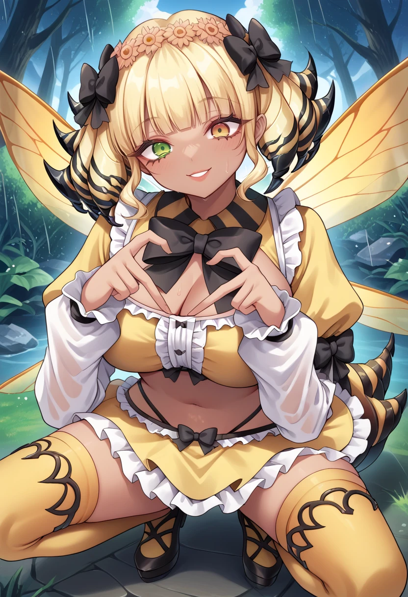 score_9, score_8_up, score_7_up, 1girl, solo, looking at viewer, cowboy shot, 
 <lora:QueenBFFxivDwnsty:1>, qbee, drill hair, blonde hair, heterochromia, green eyes, yellow eyes, multicolored hair, blunt bangs, arthropod girl, stinger, tail,  yellow dress,   crop top,  midriff, frilled skirt,  frills, white sleeves, long sleeves, puffy sleeves, yellow thighhighs, fairy wings, insect wings, black bow, hair bow, hair ornament, hair flower, dark-skinned female, crazy eyes, 
large breasts, smile, lips, squatting, on ground, heart hands, heart fingers, <lora:Heart_Fingers__Concept_Lora:1>
outdoors, forest, cloudy sky, rain, landscape,