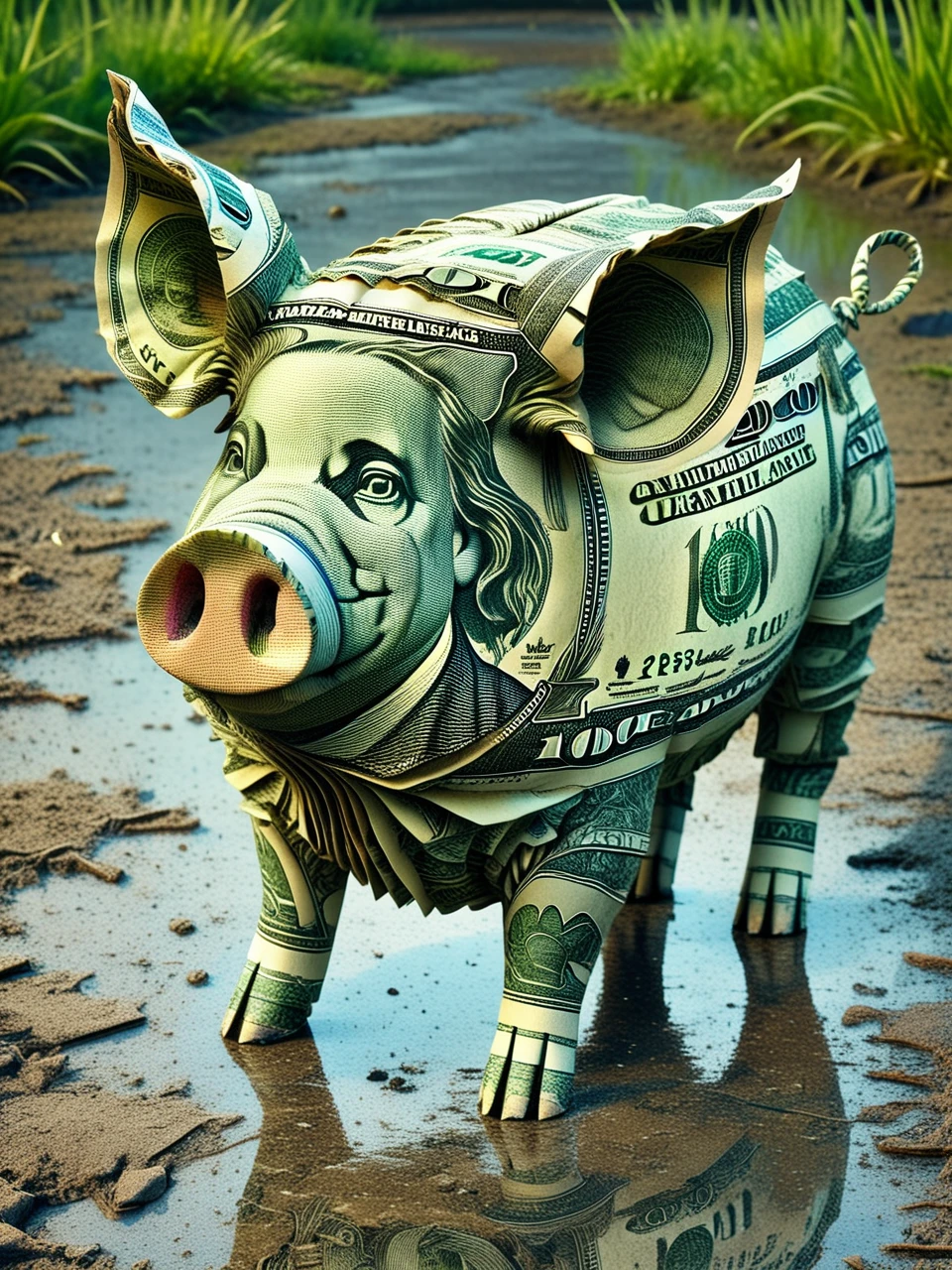 dollarnotes pig in a dirty puddle, high detail, deep depth of field, , flowing colors, , intricate