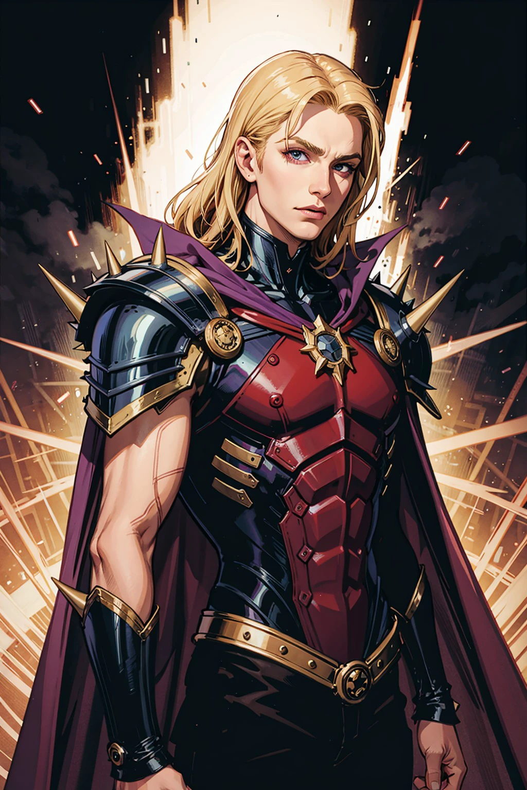 solo, long hair, blonde hair, 1boy, male focus, cape, armor, shoulder armor, spikes, shoulder spikes, purple cape, in the style of jim lee, art by artgerm,(zentangle, mandala, tangle, chaos, disorder, spider webs, entangle:0.6),