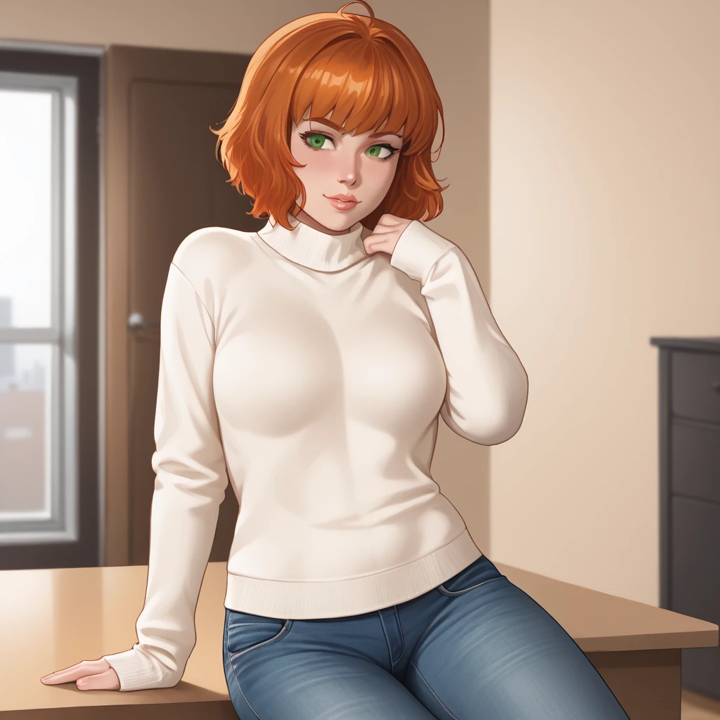 <lora:jeangreymarvelnow_pony_v1:1>jeangreymarvelnow, 1girl, short hair,  orange hair, green eyes, breasts, sweater, jeans