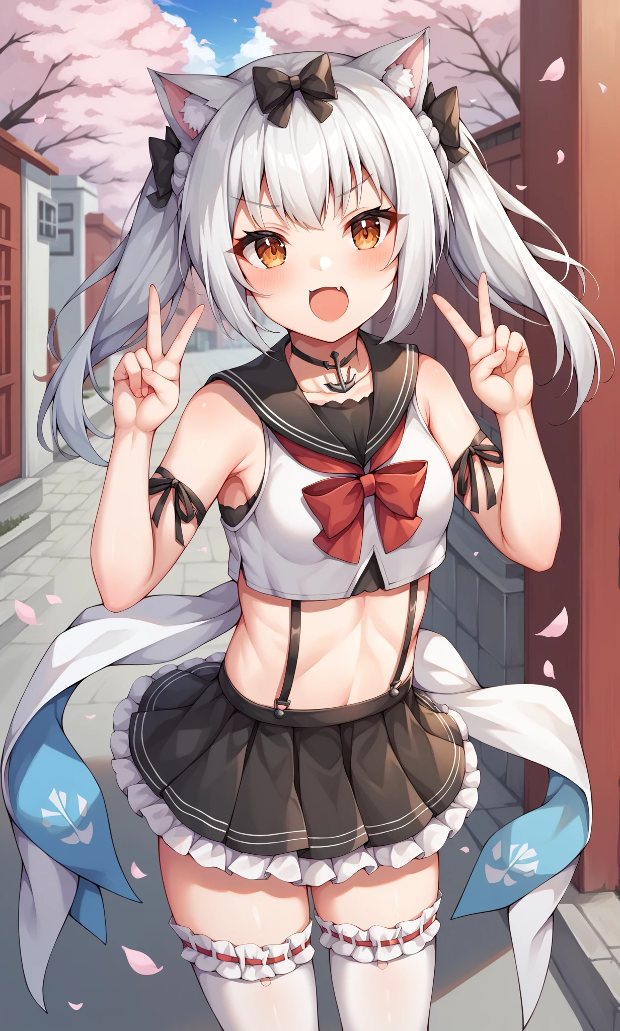 score_9, score_8_up, score_7_up, score_6_up, score_5_up, score_4_up, BREAK source_anime, 1girl, solo, outdoors, street, cherry blossoms, cowboy shot, standing, looking at viewer, yukikaze, brown eyes, cat ears, white hair, long hair, twintails, black bow, hair bow, white shirt, crop top, sleeveless shirt, arm ribbon, black ribbon, anchor choker, black serafuku, red bowtie, suspenders, suspender skirt, black skirt, pleated skirt, white thighhighs, ribbon-trimmed legwear, frilled legwear, double v, open mouth, fang