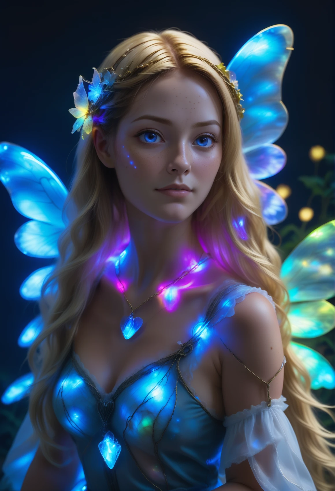 dolleijSDXL02, soft freckles, long hair, open hair <lora:DolleijSDXL02-000003:0.5>, dressed in a fairy cosplay made out of reij-lmlbrdrt <lora:LumiLabradorit:0.9> , masterpiece, OLED, surrounded by fairy dust, magic, sparkle, fairy tale overload