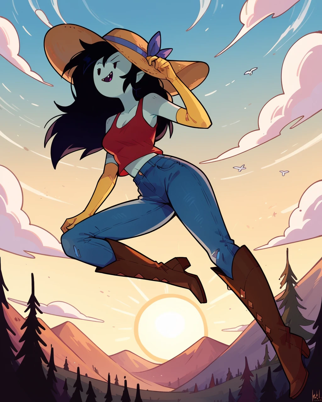 score_9, score_8_up, score_7_up, 1girl, solo, Marceline, sun hat, red tank top, yellow elbow gloves, cowboy boots, jeans, flying, outdoors, <lora:Marceline_PDXL:0.8>