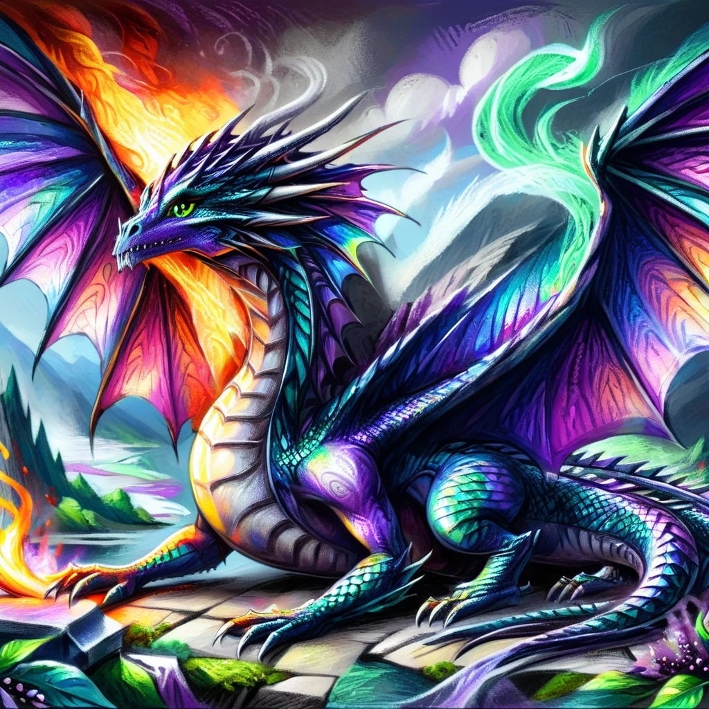 cr4y0n, colorful illustration, majestic dragon, fantasy,  breathing fire, purple scales <lora:Colorful_Crayons:1>