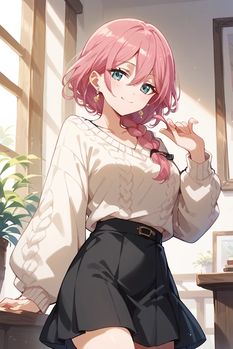 score_9, score_8_up, score_7_up, score_6_up, 1girl,
<lora:Yachiyo_Tsuruhime:0.9> yachiyo, pink hair, solo, braid, jewelry, long hair, earrings, skirt, smile, looking at viewer, black skirt, single braid, pink hair, hair over shoulder, hair between eyes, sweater