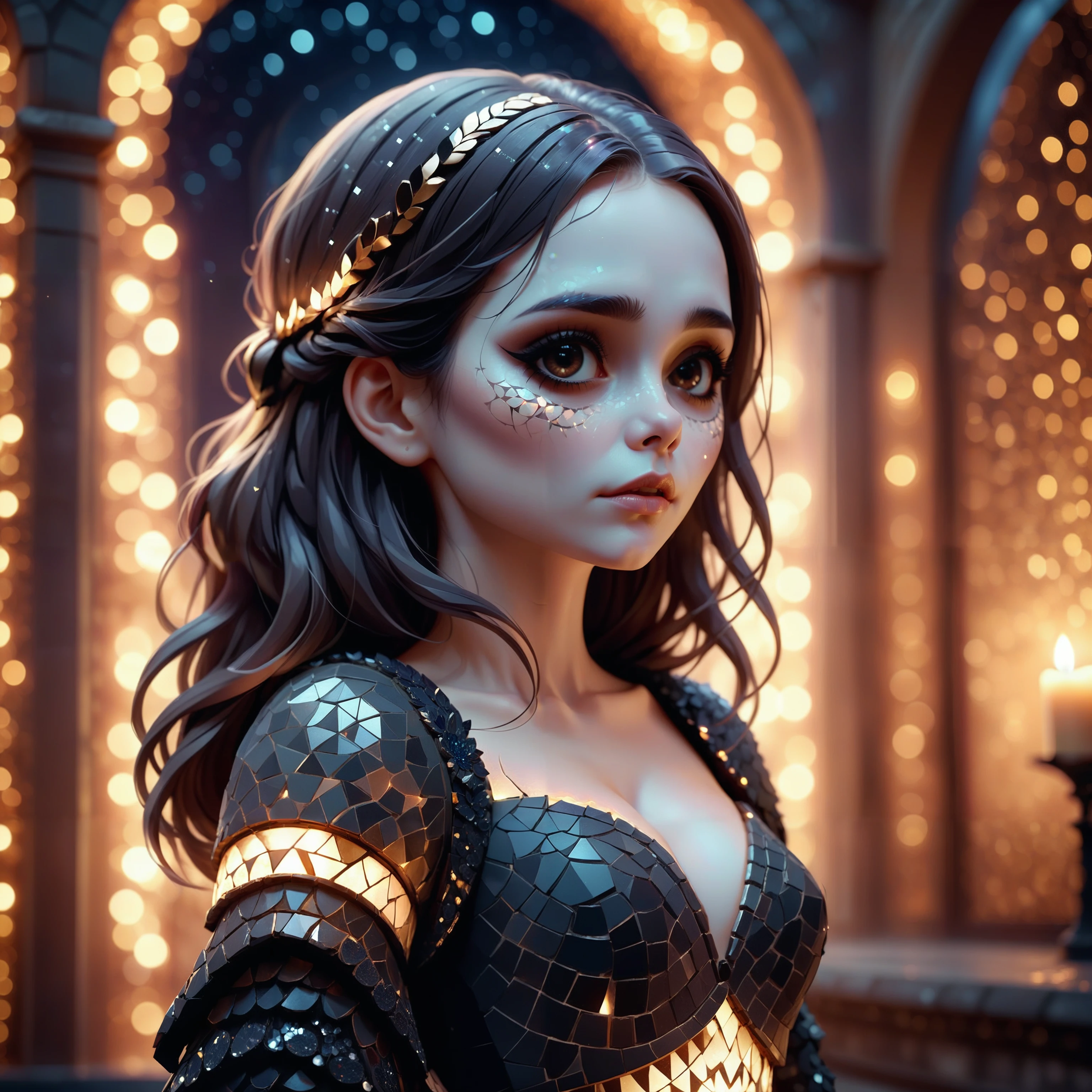 Mosaic, <lora:MosaicStyle_epoch_2:1>, Concept art, Girl, Bokeh, Grim, beautiful elegant, deep aesthetic, ambient illumination, cinematic atmosphere, detailed, atmosphere, warm light, dynamic dramatic atmosphere