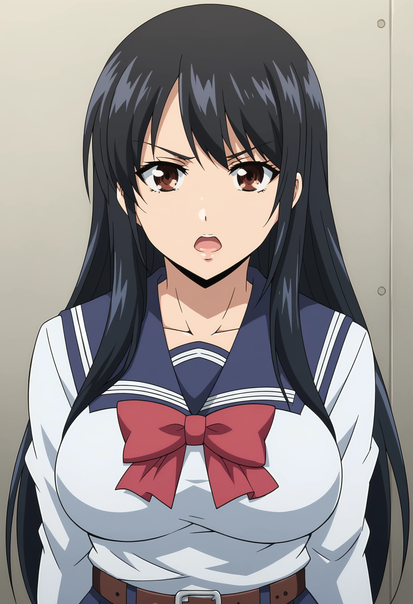 EBYuri, 1girl, solo, long hair, black hair, brown eyes, skirt, long sleeves, bow, school uniform, pleated skirt, serafuku, socks, belt, miniskirt, blue skirt, torn clothes, kneehighs, upper body, large breasts, close-up, looking at viewer, front view, o:, open mouth, arms behind back, 
 <lora:YuriHonjo-05:1>, <lora:xl_more_art-full_v1:0.8>