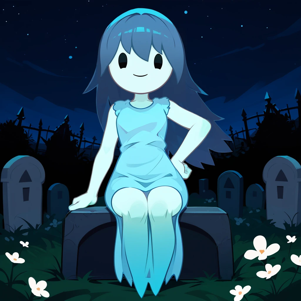 <lora:spooky (6):1>,1girl,ghost girl,spooky (sjm),colored skin,solid oval eyes,transparent,blue dress,
outdoors,graveyard,tombstone,night,night sky,star \(sky\),fog,graveyard fog,white flower,
looking at viewer,smile,hand up,v,hand on own hip,sitting on tombstone,, score_9, score_8_up, score_7_up, perfect anatomy, source_anime, zPDXL2,