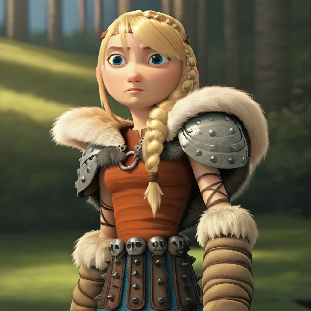 score_8_up, BREAK, ASTRIDHOFFERSON, 1girl, solo, blonde hair, braid, Long hair, blue eyes, fur trim, shoulder armor, armor, pauldron, cowboy shot, depth of field,  <lora:AstridHofferson_HTTYD2_PXL_Leaf1:1>, forest,