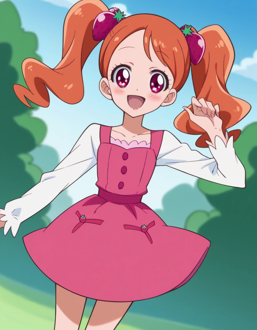 80s anime style anime girl sitting in flower field looking at camera, smiling. pastel colors