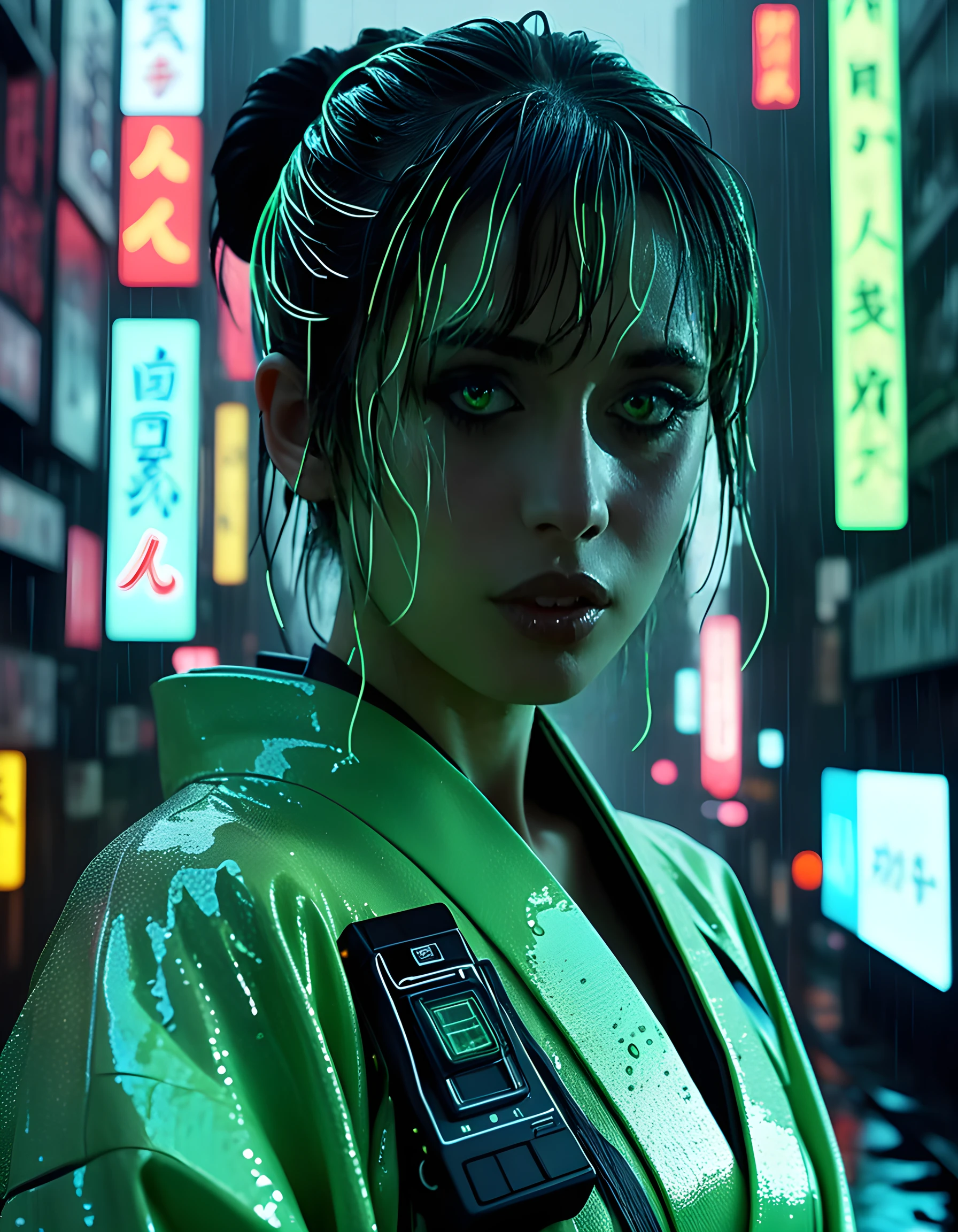 In a gritty, neo-noir setting reminiscent of Blade Runner's dystopian cityscape, the image captures C4M1LL4, a woman dressed in a striking, high-tech ensemble that blends futuristic cybernetic elements with traditional Japanese kimono aesthetics. Her eyes, a piercing neon green, are fixed intently on the viewer, creating an unsettling yet intriguing atmosphere. The camera angle is low and slightly off-center, emphasizing her towering height and the imposing presence she exudes. The scene is bathed in harsh, artificial light from nearby holographic billboards, casting deep shadows across her angular features and chiseled jawline. The background reveals a chaotic, rain-soaked cityscape with towering skyscrapers and neon advertisements, adding to the sense of unease and tension. The overall emotional tone is one of cool detachment, as C4M1LL4 stands defiantly in the midst of this urban jungle, her posture exuding a powerful sense of self-assuredness and control.