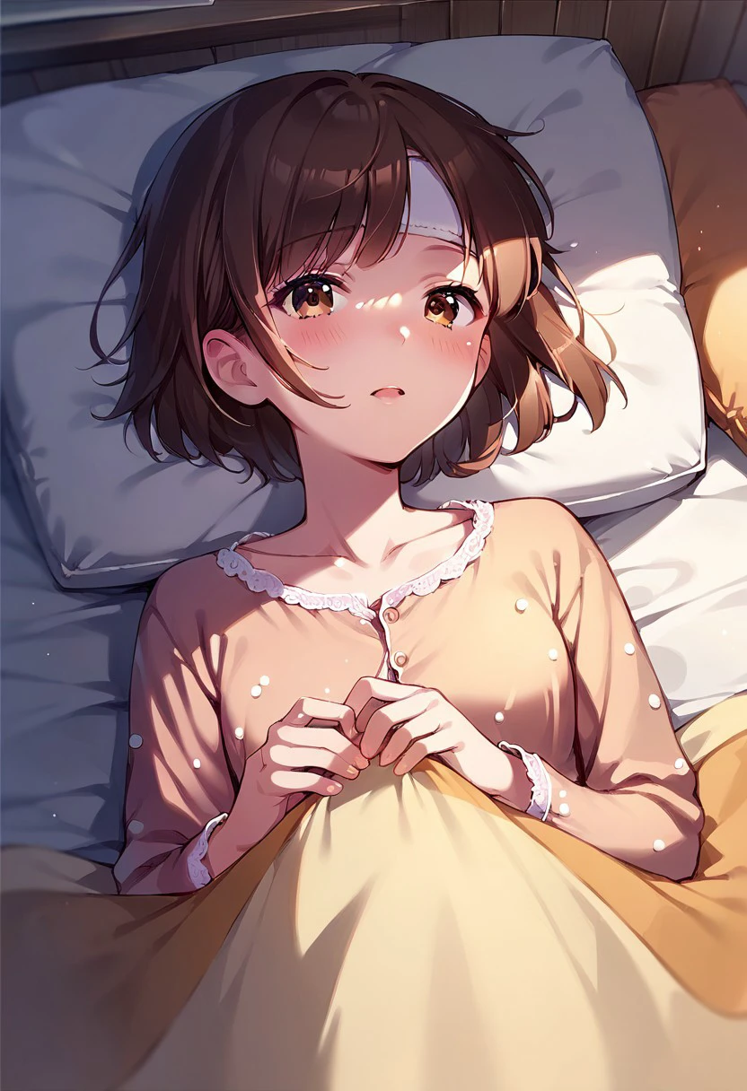 score_9, score_8_up, score_7_up, source_anime, pajamas, on back, blanket, bed, under covers, shirt, short hair, brown hair, collarbone, brown eyes