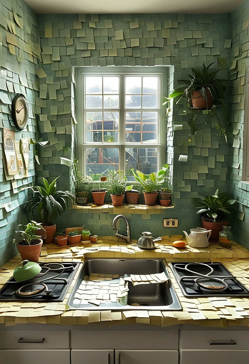 endposit_notesmorph, day, scenery, sink, plant, no humans, indoors, plate, kitchen, food, shelf, cup, tiles, stove, bottle, table, sunlight, frying pan, window, clock, brick wall, tile wall, faucet, paper sticky notes,  made from 3m post it notes, post it notes, paper texture