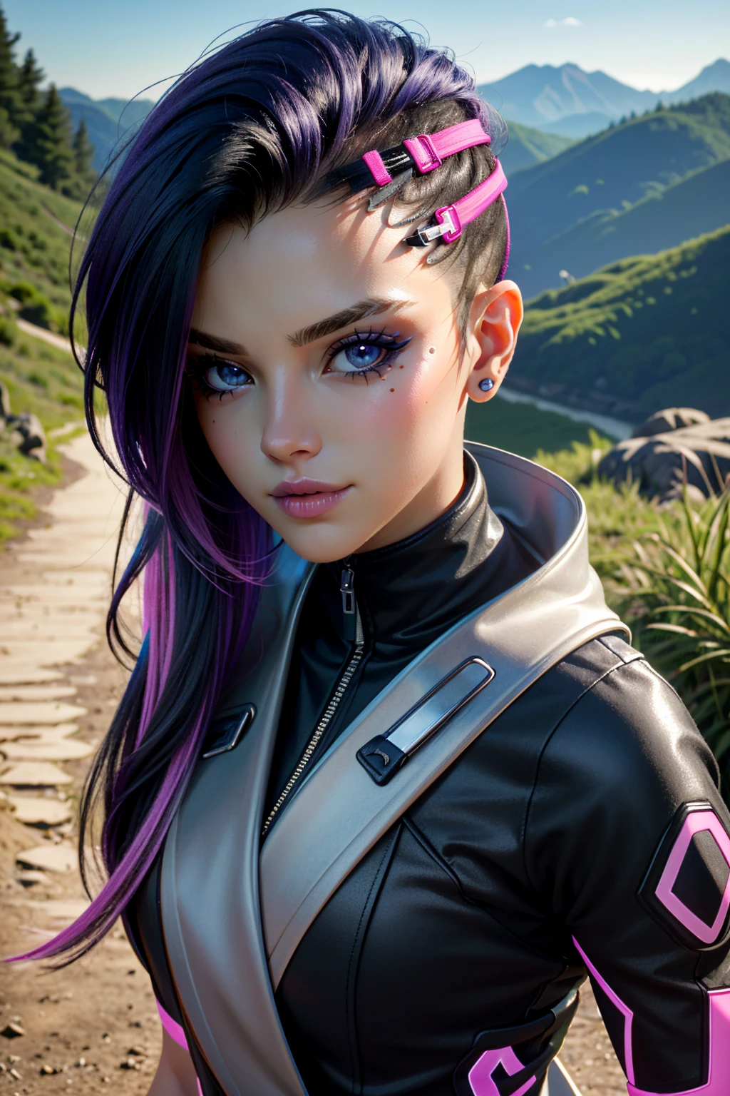 ((ultra detailed, masterpiece, absurdres))
<lora:OSombra:0.8>
OSombra, 1girl, long hair, multicolored hair, undercut, looking at viewer, mountain trail, midday, clear and crisp light illuminating the landscape