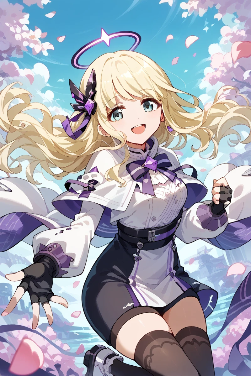 score_9, score_8_up, score_7_up, score_6_up, 1girl,
 <lora:Shiori_Yumeoji:0.9> shiori, blonde hair, gloves, fingerless gloves, solo, blonde hair, long hair, petals, thighhighs, black gloves, capelet, smile, open mouth, halo, jewelry, looking at viewer, purple light,