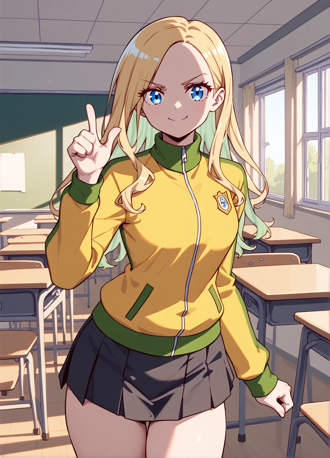 score_9, score_6_up, anna aveiro, 1girl, smile, yellow jacket,  track jacket, black skirt,  blue eyes, classroom, thighs, thumbs up, v-shaped eyebrows, closed mouth,
<lora:anna:1>