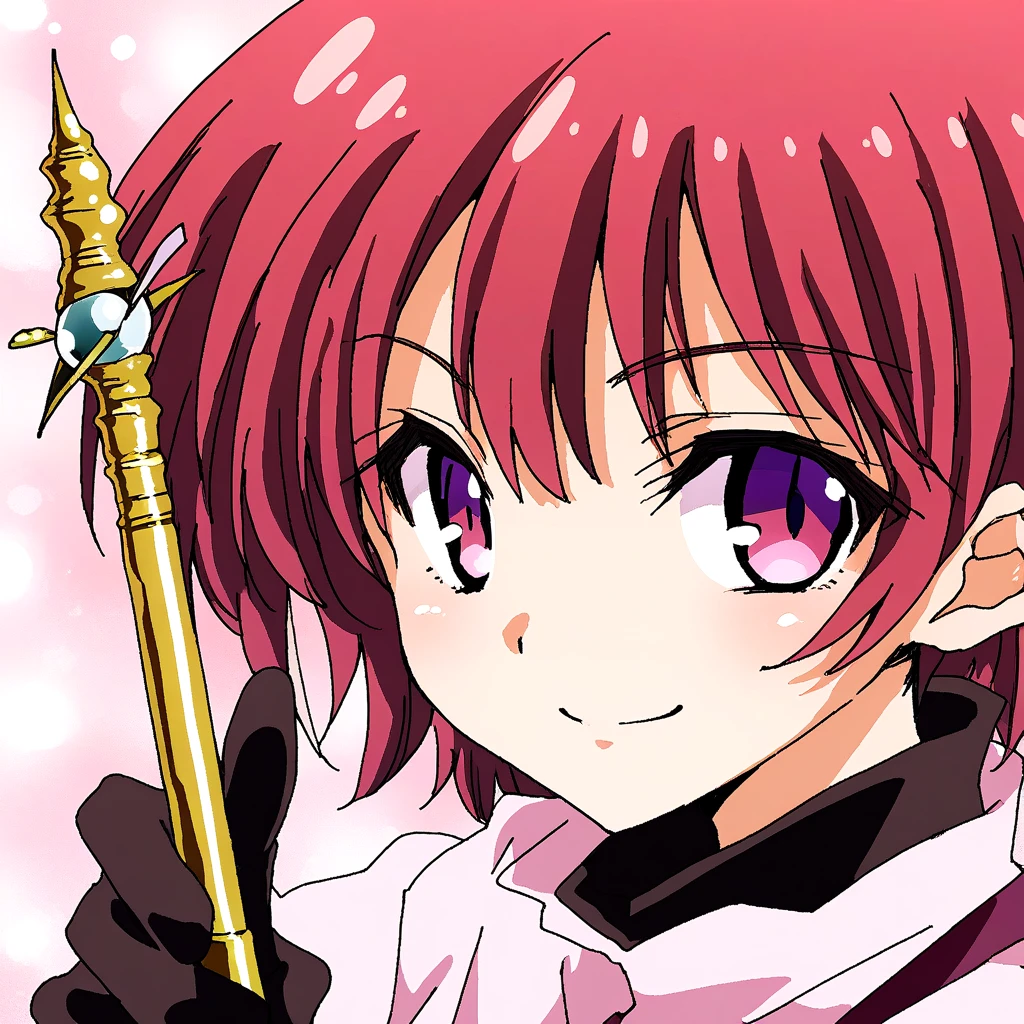 <lora:comic_SDXL_v1:0.5>, (anime coloring:0.8), girl, solo, smile, portrait, manga_art, iniphizi, long sleeves, oekaki, gloves, detailed face, rod, wand