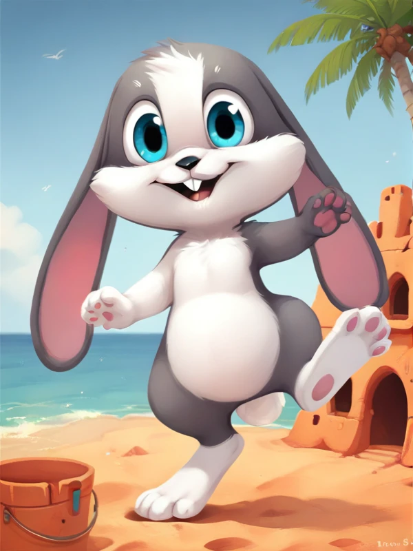 score_9, score_8_up, score_7_up, score_6_up, score_5_up, score_4_up
 <lora:SSBunny2_SDXL:0.8>, Schnuffel, bunny, lop-eared, boy, mouth open, rabbit teeth, Black nose, blue eyes, white eyebrows, gray body, gray head, gray ears, white cheeks, white belly, white legs, white left arm, bunny paw pads, stands on one leg, summer, sea, palm trees, sand house, bucket