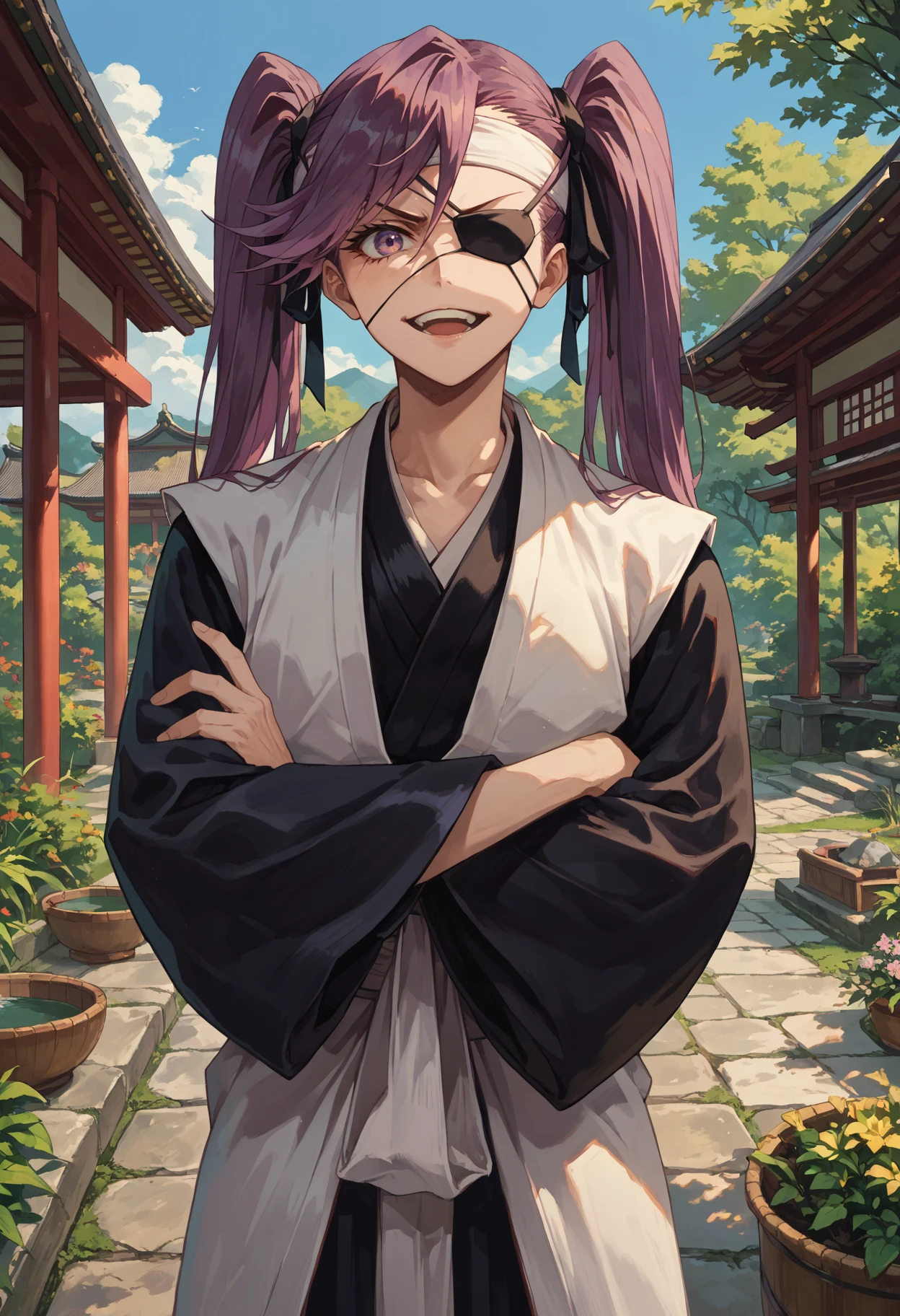 score_9, score_8_up, score_7_up, 1girl, cowboy shot, standing, white haori, black kimono, looking at viewer, smiling, frown, open mouth, eyepatch, white headband, crossed arms, outdoors, japanese garden, <lora:ryth-saito-furoufushi:1>, saito_furoufushi,