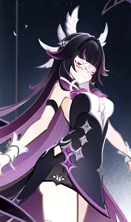 <lora:GITCG-10:1>, GI TCG, gi tcg, matte hair shading, matte colors, (thick outlines, colored outlines,) <lora:columbina-05:0.8> 1girl, long hair, black hair, pink hair, solo, closed eyes, eye mask, head wings, hair ornament, blunt bangs, white ribbon, white mask, white dress, large breasts,