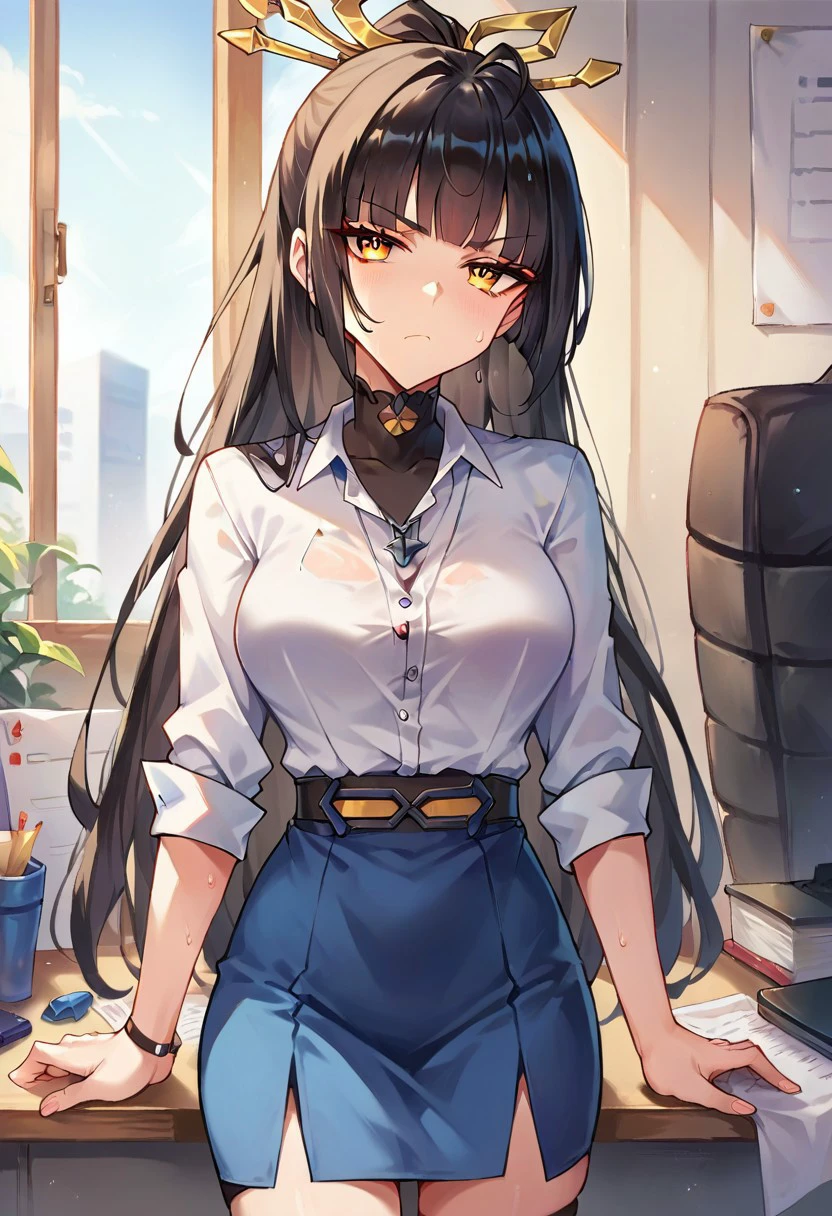 score_9,score_8_up,score_7_up,score_6_up, akagi_(blue oath), 1girl, black hair, bangs, yellow_eyes, hair ornament, blunt bangs, long hair, office lady, office, working, busy, serious face, half awake, sweat,