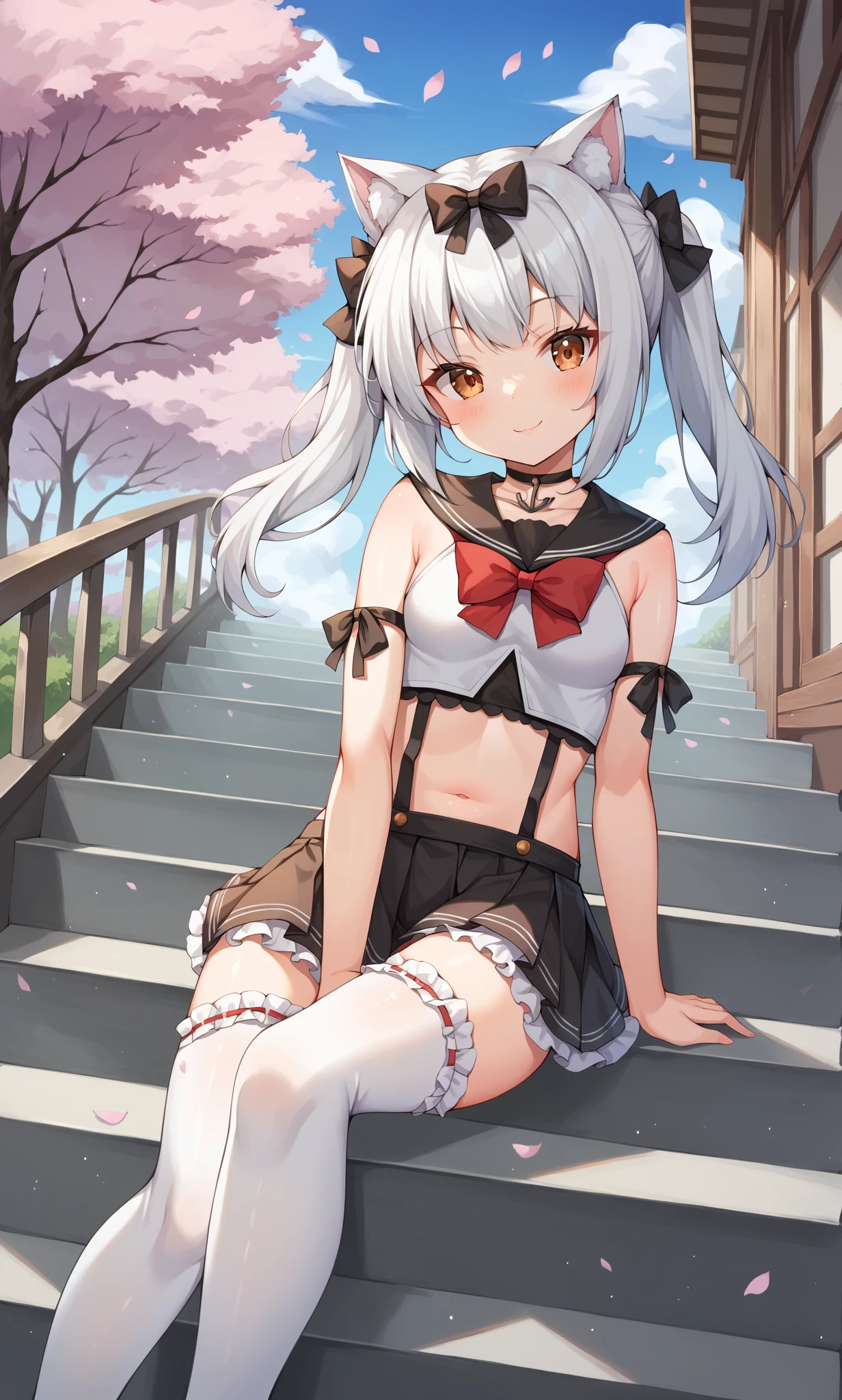 score_9, score_8_up, score_7_up, score_6_up, score_5_up, score_4_up, BREAK source_anime, 1girl, solo, outdoors, street, cherry blossoms, cowboy shot, sitting on stairs, looking at viewer, yukikaze, brown eyes, cat ears, white hair, long hair, twintails, black bow, hair bow, white shirt, crop top, sleeveless shirt, arm ribbon, black ribbon, anchor choker, black serafuku, red bowtie, suspenders, suspender skirt, black skirt, pleated skirt, white thighhighs, ribbon-trimmed legwear, frilled legwear, smile, closed mouth, from below