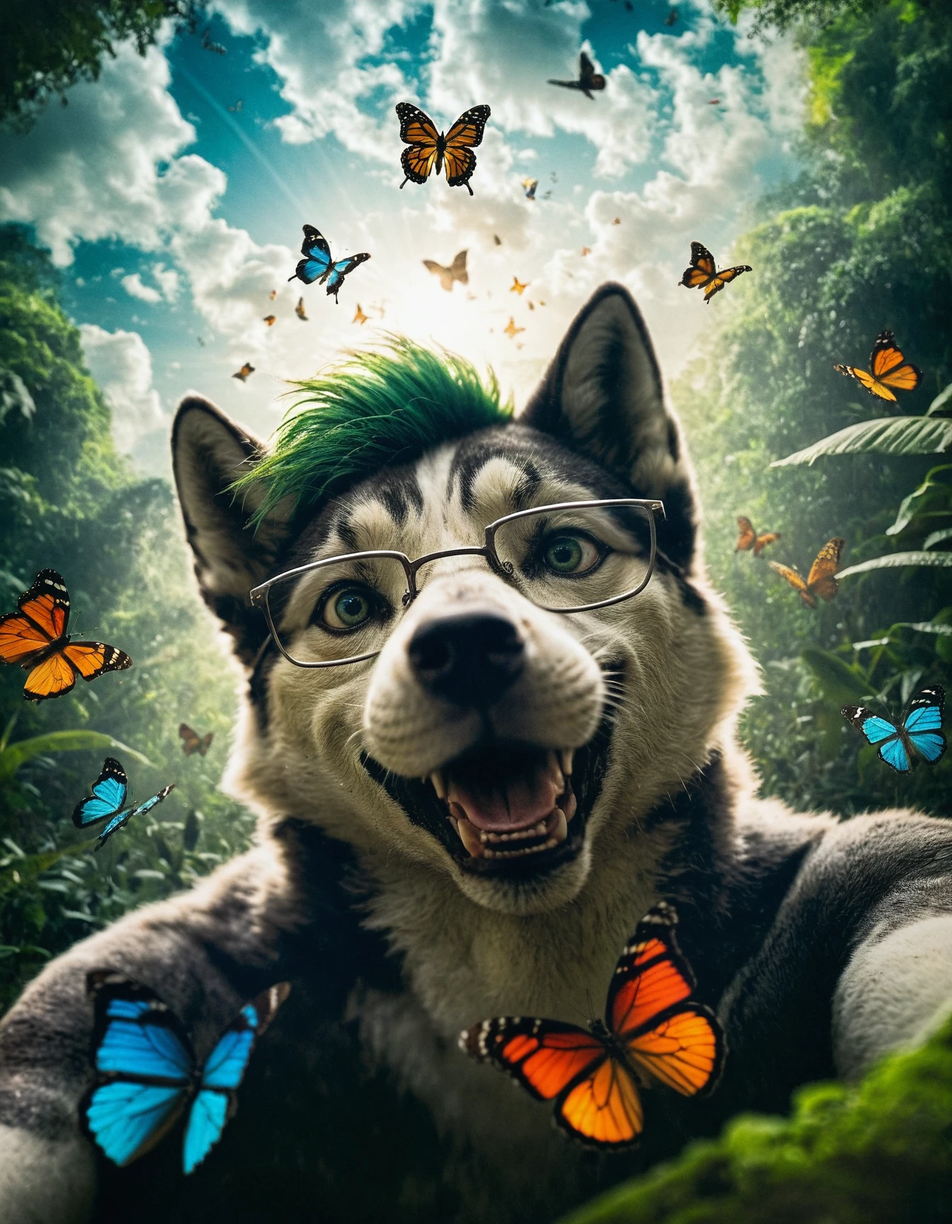 anthro husky, male, green hair, green eyes, glasses, (abstract, cloud of birds and butterflies, rainforest setting, vivid colors, look of awe, dramatic angle), smile, happy,(volumetric lighting:1.1, high detail, film photography, RAW photo, analog style, absurd res, realistic, photo),