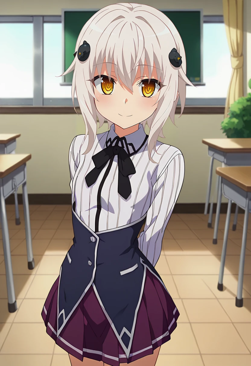 score_7_up, anime screencap,
<lora:HighSchoolDxD(HERO)_ToujoKonekoXL:0.8>, ToujoKoneko,
1girl, solo, light smile, light blush,
white hair, yellow eyes, short hair, hair ornament,
KonekoSchool, striped shirt, white shirt, long sleeves, black ribbon, black corset, purple skirt,
standing, looking at viewer, arms behind back,
indoors, classroom